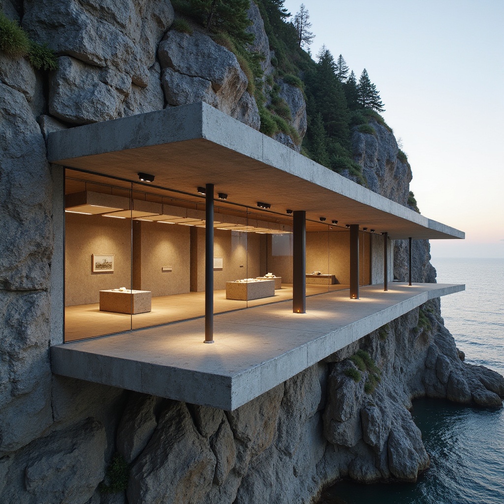 A cantilevered cliff gallery using tensioned carbon-fiber struts, ventilated titanium shingles, and a hyper-clear glass floor projection deck. Interiors incorporate basalt-slab plinths, kinetic shading petals, and narrow-beam exhibition lights. Photographed in late golden-hour edge lighting, vertigo-inducing down-shot.