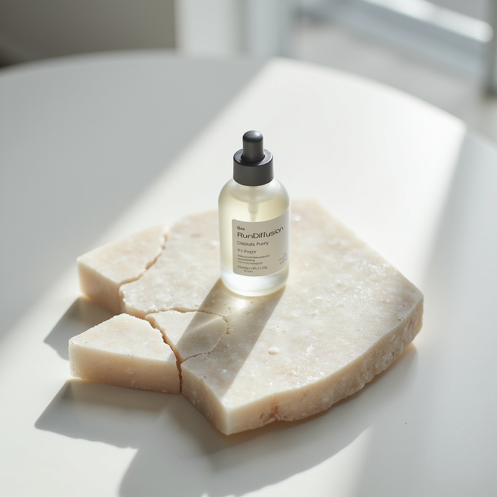 A minimalist still-life vignette where a neutral product rests on a fractured alabaster slab surrounded by refracted caustics. Typography: “RunDiffusion Distills Purity.” Shot in high-key refracted light, orthographic macro angle.