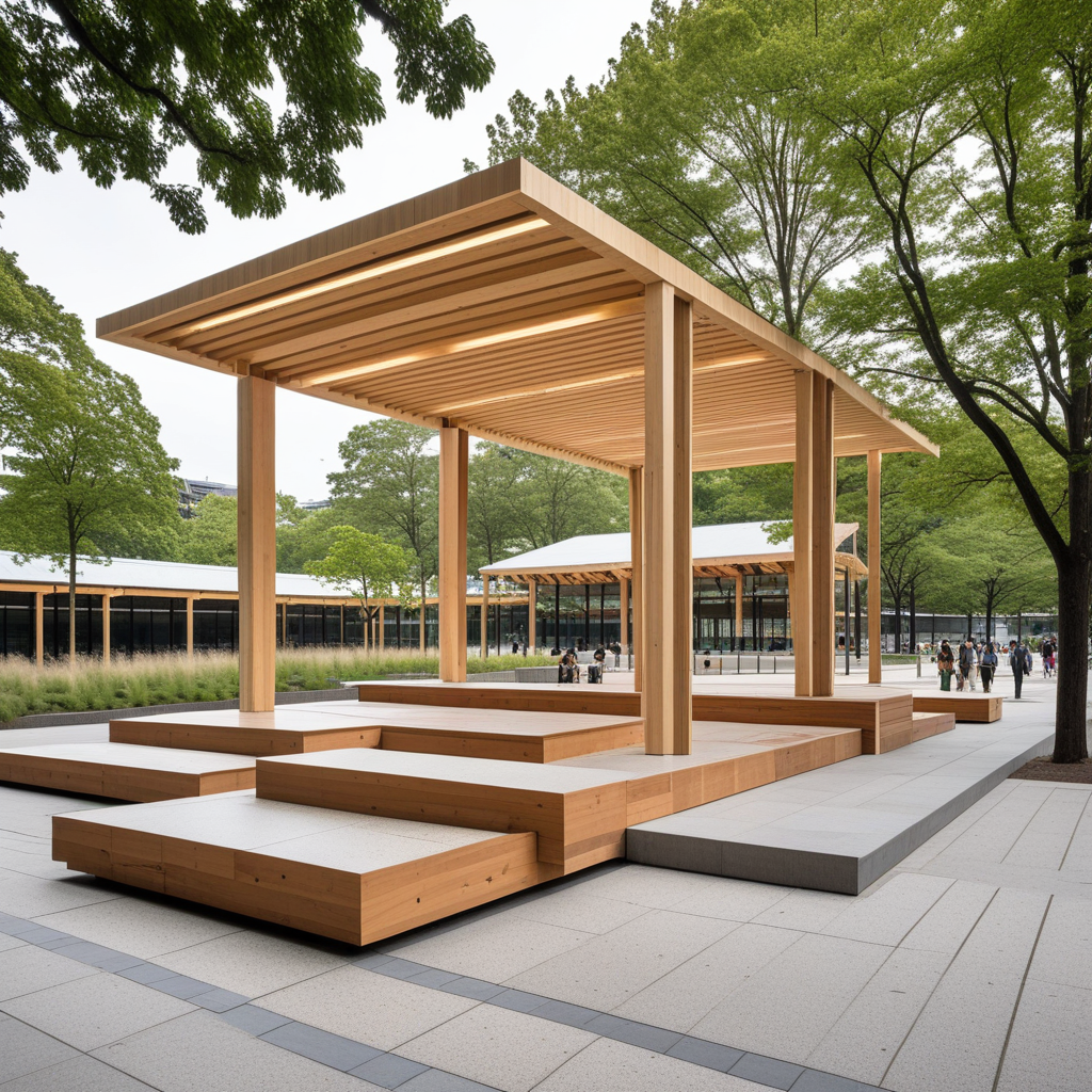 Small-scale civic pavilion with cross-laminated timber shell and folding façade panels that open for events. Interior uses exposed joinery, terrazzo seating platforms, and digital visitor guides embedded in the floor. Roofline integrates rain chains and LED blade lighting. Surrounding plaza includes stone paving with native planters and integrated USB charging benches.