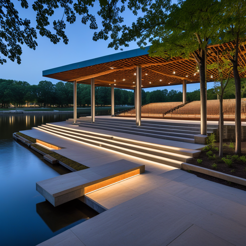 A low-profile amphitheater along a riverwalk, featuring exposed timber lattice roof supported by slender steel columns. Seating uses precast concrete risers with integrated lighting. The stage is framed by weathering steel panels with perforations reflecting acoustic studies. Ambient lighting includes in-ground uplights and flexible track spot fixtures. Captured from the water’s edge at blue hour.