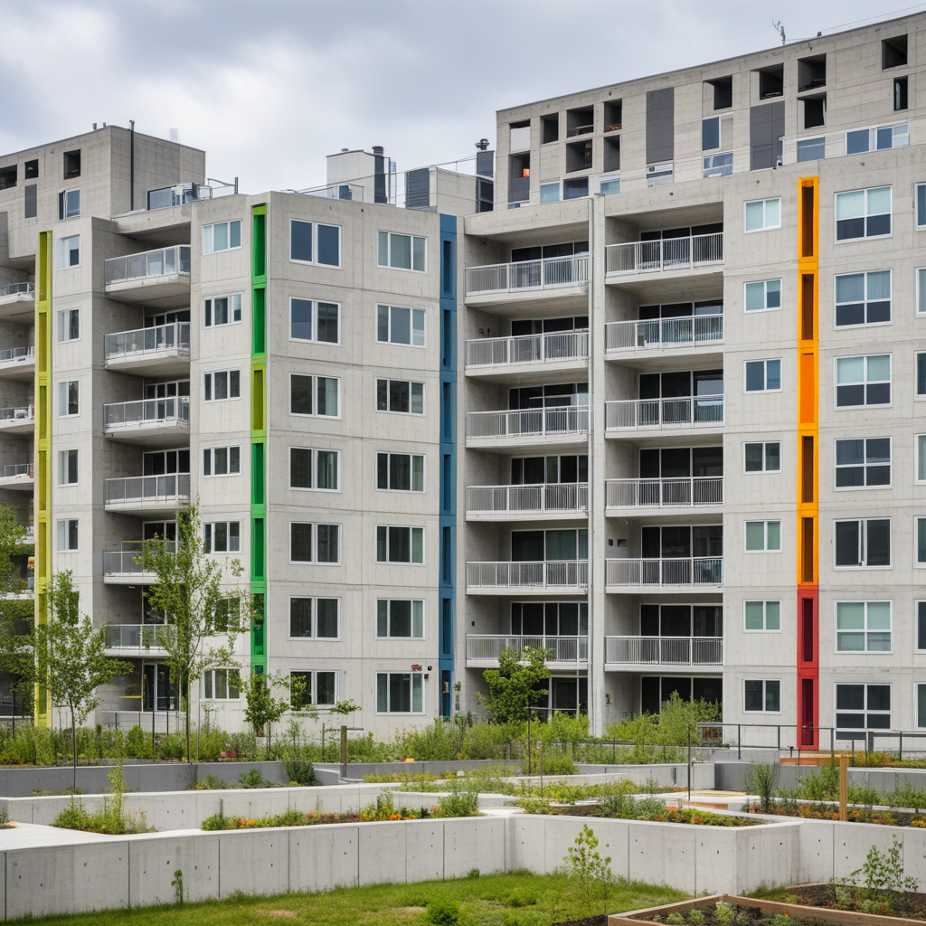 Affordable housing mid-rise with modular concrete panels, open-air walkways, and vertical circulation cores expressed in color-coded cladding. Units have cross-ventilation, precast balconies, and sliding solar screens. Shared amenities include rooftop laundry deck, bicycle storage, and community garden on podium. Captured with overcast daylight highlighting raw materiality.