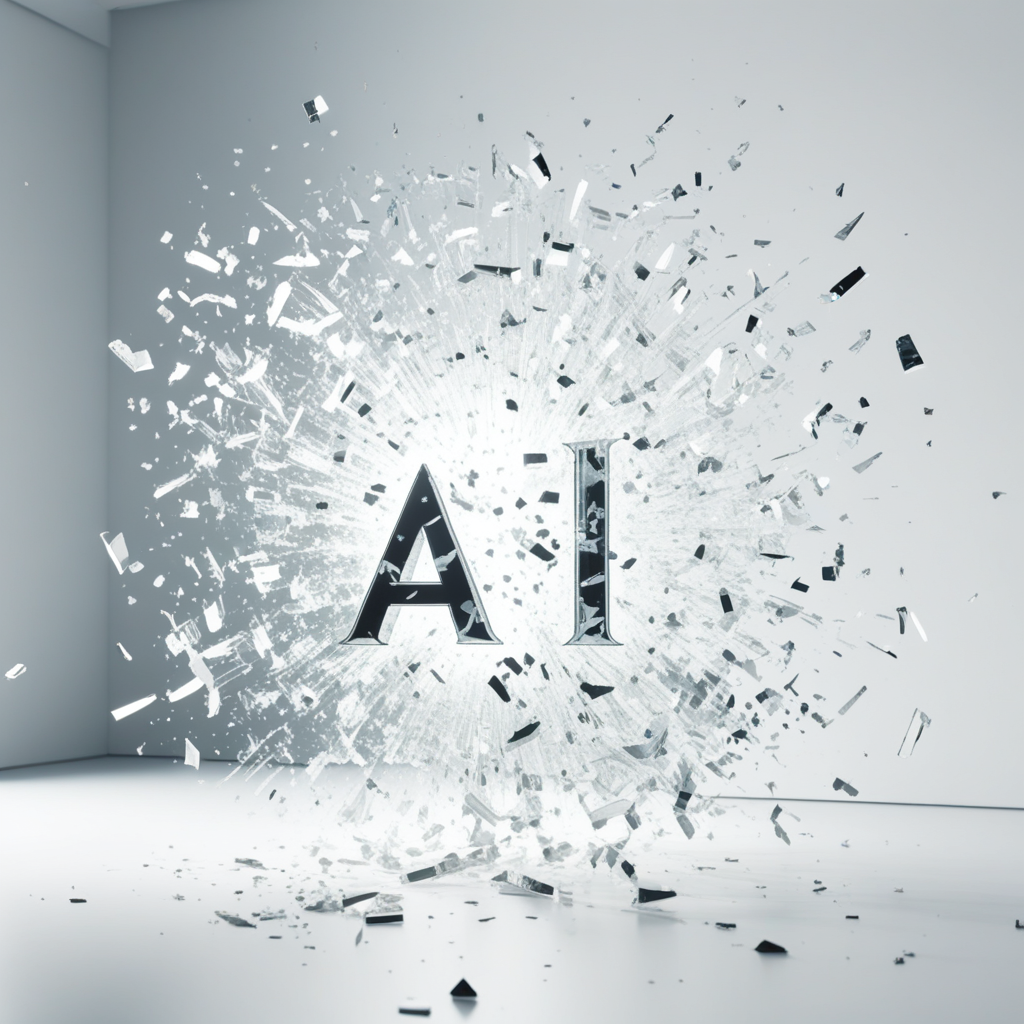 A hyperreal render of a neutral object breaking through a glass wall in slow motion, shards spelling out “Ai” mid-air. Backlit in a sterile high-key lighting setup and rendered at 4K resolution.