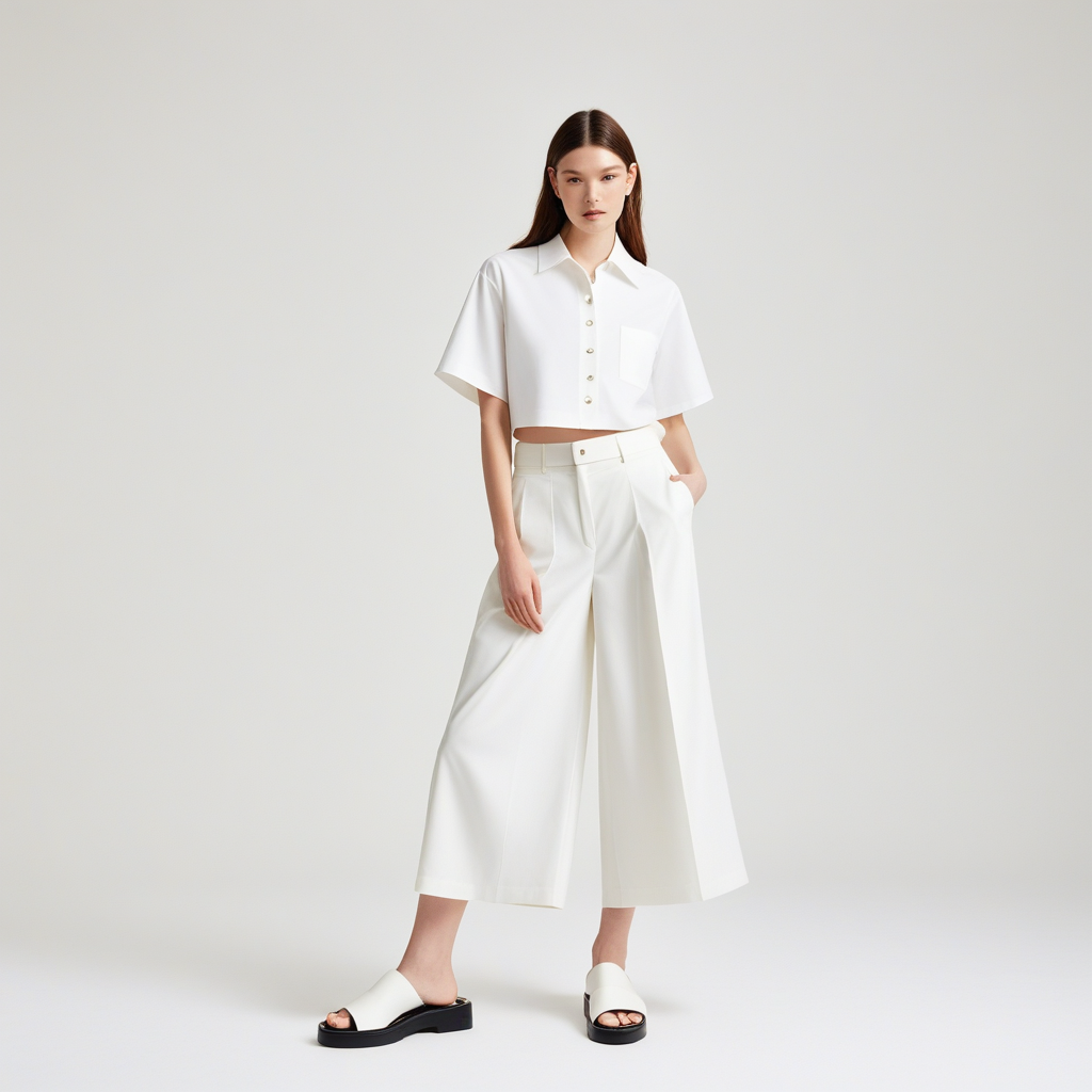 Monochromatic outfit with wide-leg culottes in Japanese crepe and a boxy short-sleeve poplin shirt with concealed placket. Accessories include leather slides and a geometric resin bangle. Captured front-facing in high-key white cyclorama with even, soft lighting.