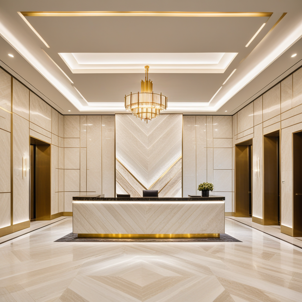 Private residential tower lobby with full-height travertine wall cladding, polished brass accents, and underlit marble reception desk. Floor finish includes chevron parquet with brass inlay borders. Ceiling integrates continuous LED cove lighting and backlit translucent panels. Sculptural seating clusters sit on inset rugs under pendant light compositions.