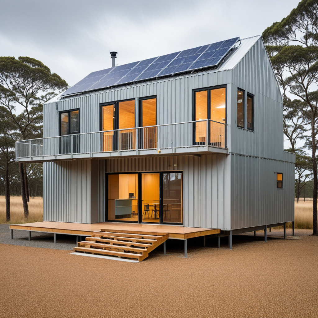Low-impact research outpost built from lightweight SIP panels and raised on steel stilts. Cladding in corrugated metal and FSC-certified timber screens. Interiors feature cork flooring, modular casework, and solar-powered HVAC. Roof integrates water catchment with UV filtration. Pathways use crushed stone and native grass buffers. Photographed under overcast skies with diffused shadows.