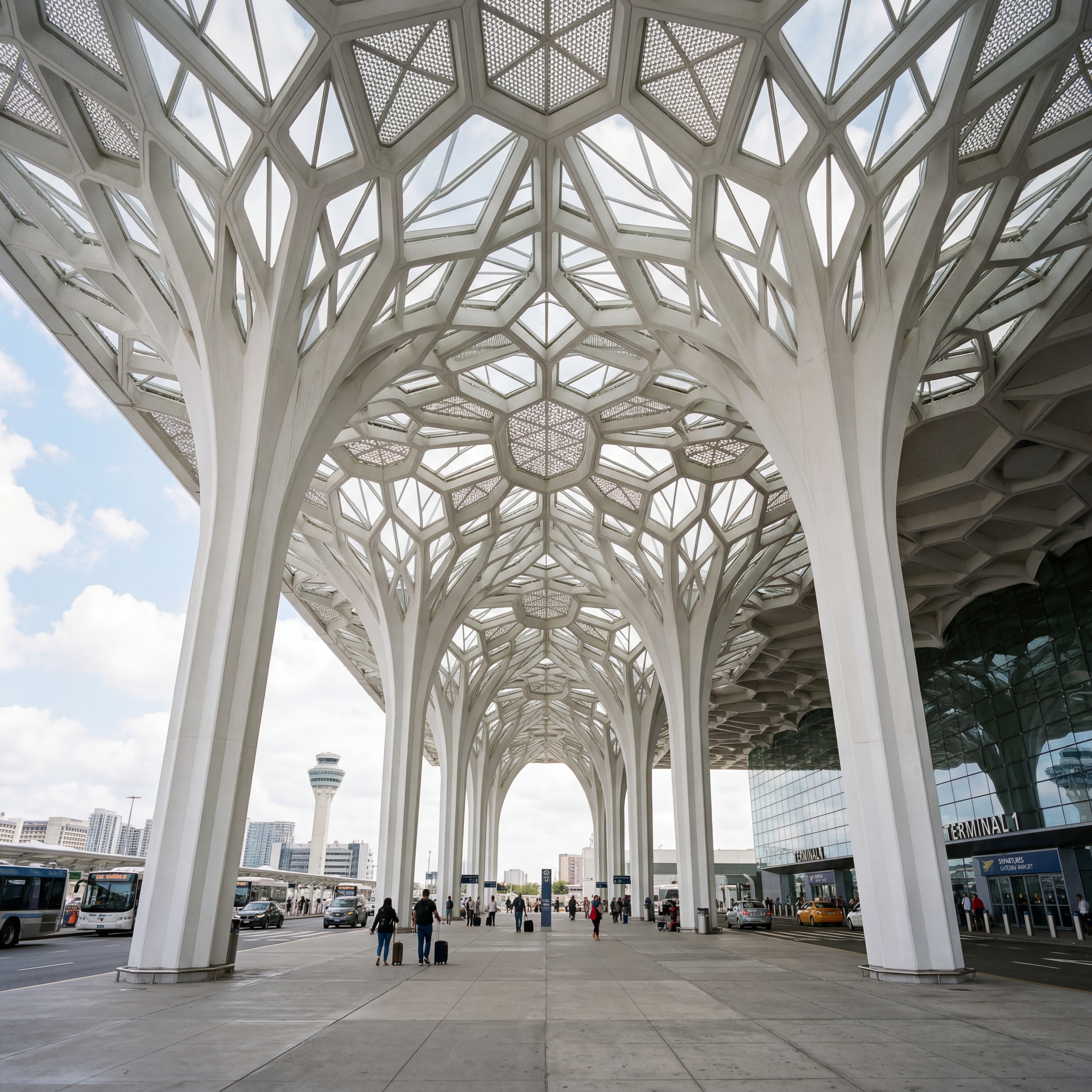 A photograph of a modern airport terminal exterior featuring massive sculptural columns that flare outward into a geometric honeycomb ceiling. The intricate architectural design showcases repeating patterns and intricate textures across the sweeping canopy, creating a futuristic and elegant atmosphere. Shot in an urban setting during daytime with natural lighting and soft shadows, highlighting the white and neutral tones of the structure. Taken from a low angle with a wide angle lens, emphasizing the towering scale and symmetrical composition of the columns. High resolution with sharp focus throughout, capturing the detailed architecture and depth of the expansive space.