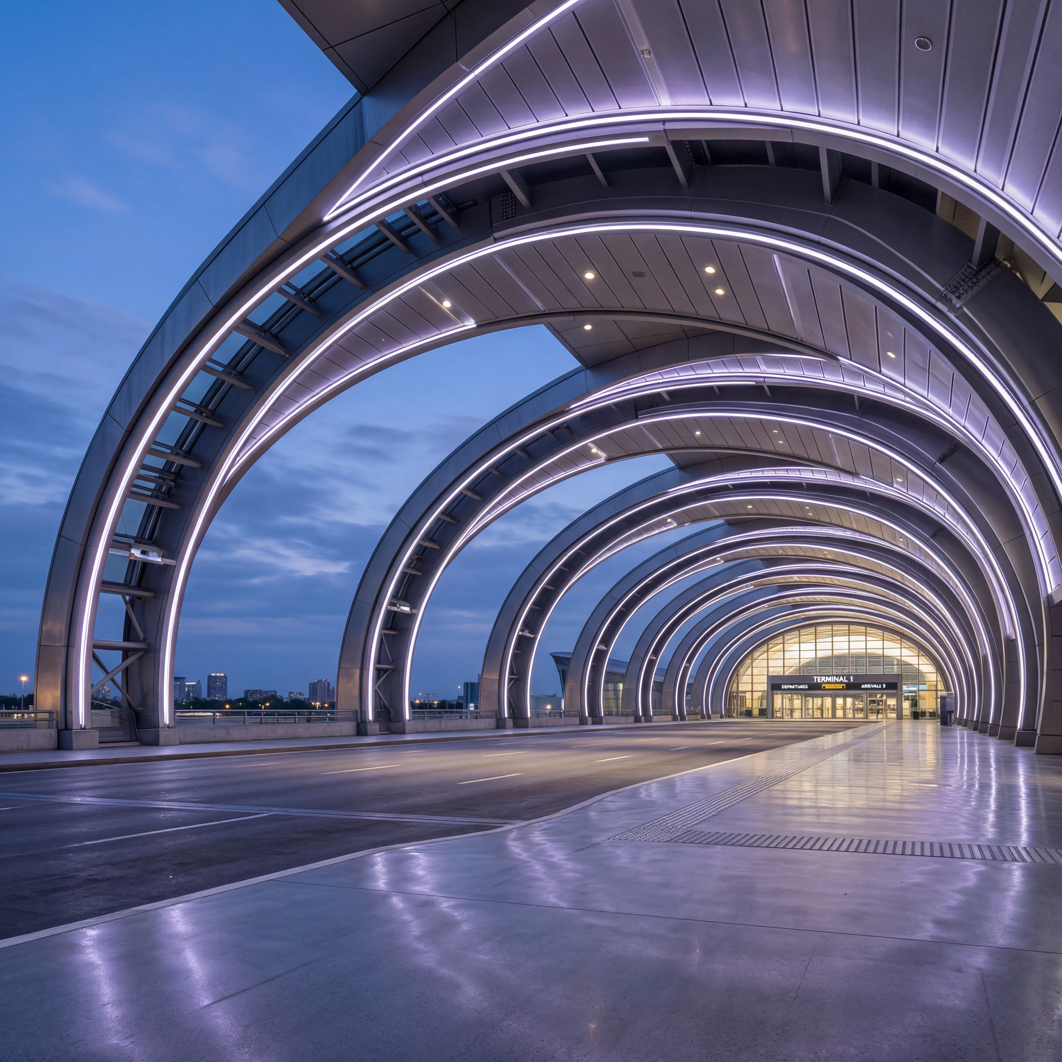 A futuristic transportation terminal with sweeping curved steel arches forming a rhythmic canopy over a wide empty roadway at blue hour. The architecture features layered metallic panels with integrated LED strip lighting and recessed ceiling lights casting cool white and subtle purple tones across the structure. Captured from a low angle wide perspective emphasizing depth and repetition, the arches create a dynamic tunnel like effect leading toward a glass enclosed entrance in the distance. Rendered in a photorealistic style with sharp focus and high detail, the smooth concrete ground reflects the ambient lighting. The twilight sky transitions from soft blue to deep indigo, enhancing the cinematic modern urban atmosphere, sleek contemporary design, high resolution, clean lines, no people.