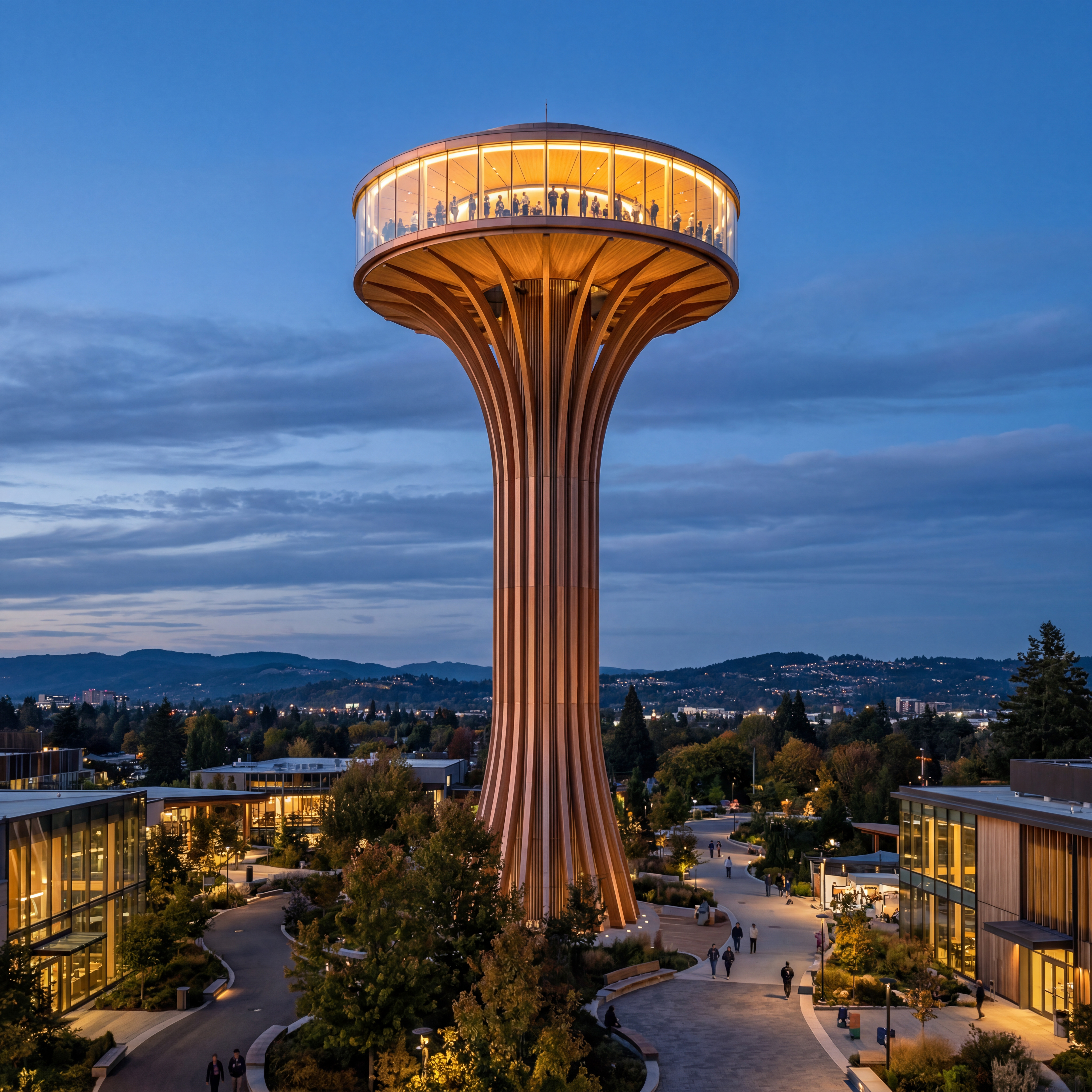 A modern observation tower with a tall slender sculptural column rising into a wide circular glass viewing deck, illuminated warmly at dusk. The structure features elegant vertical wooden or copper toned ribs that curve inward toward the top, supporting a glowing panoramic pavilion with floor to ceiling glass. Captured in a photorealistic style with ultra detailed textures and sharp focus, the tower stands above a landscaped plaza with trees and low contemporary buildings. The perspective is a slightly low angle view emphasizing height and grandeur against a soft blue evening sky with layered clouds and distant hills. Warm interior lighting contrasts with the cool twilight atmosphere creating a cinematic and serene mood, modern architecture, high resolution, clean lines.
