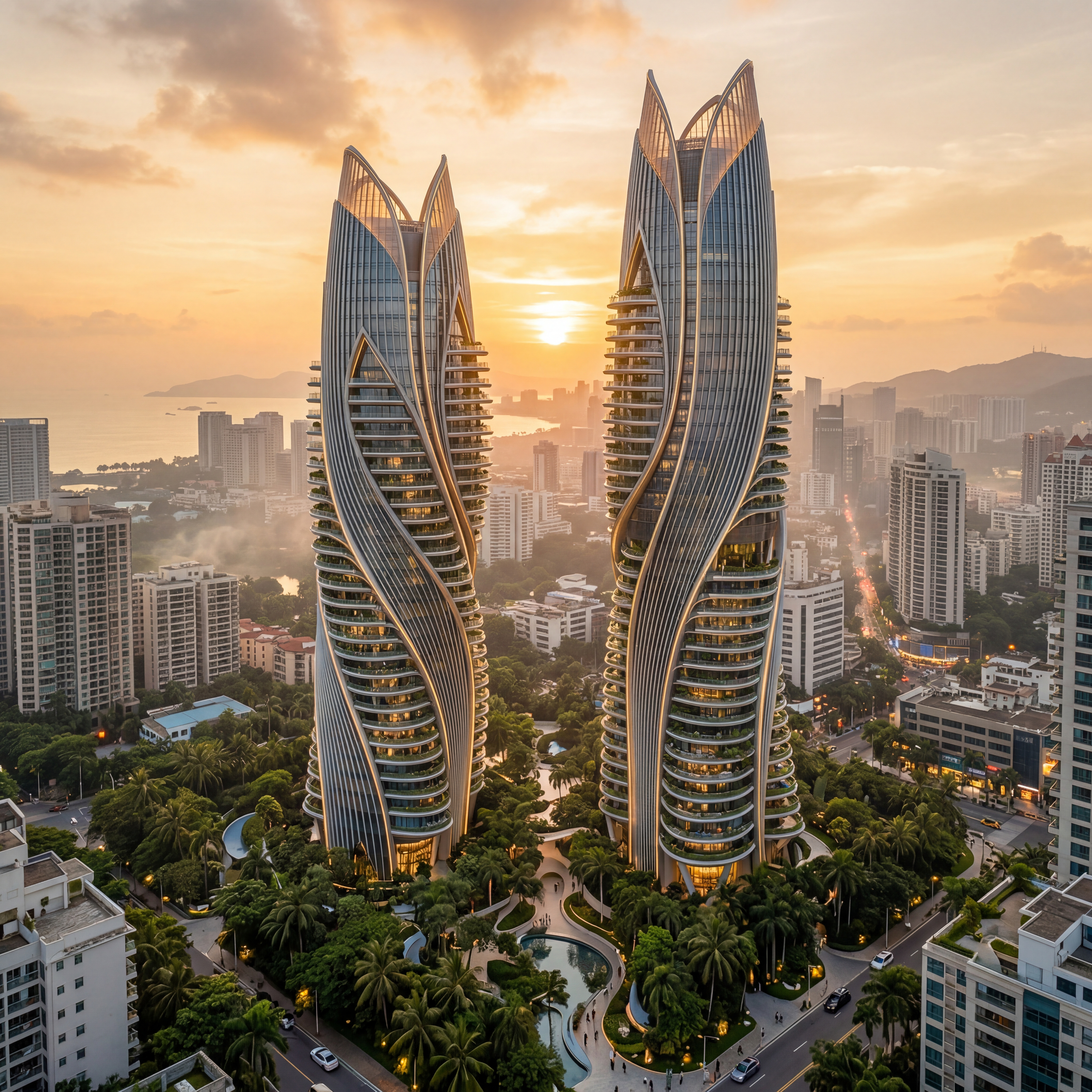 Two futuristic organic skyscrapers with twisting sculptural facades rising above a lush tropical urban landscape at golden hour. The towers feature layered curved balconies and vertical ribbed exteriors that taper into elegant pointed crowns, resembling blooming petals. Surrounded by dense greenery and palm trees at the base, the buildings stand among modern city high rises partially veiled in soft atmospheric haze. Rendered in a photorealistic style with ultra detailed textures and sharp focus, warm sunset light casts golden highlights along the flowing architectural lines. Captured from an elevated perspective showcasing depth and scale, the sky glows with soft amber tones blending into gentle mist, cinematic mood, modern sustainable architecture, high resolution.