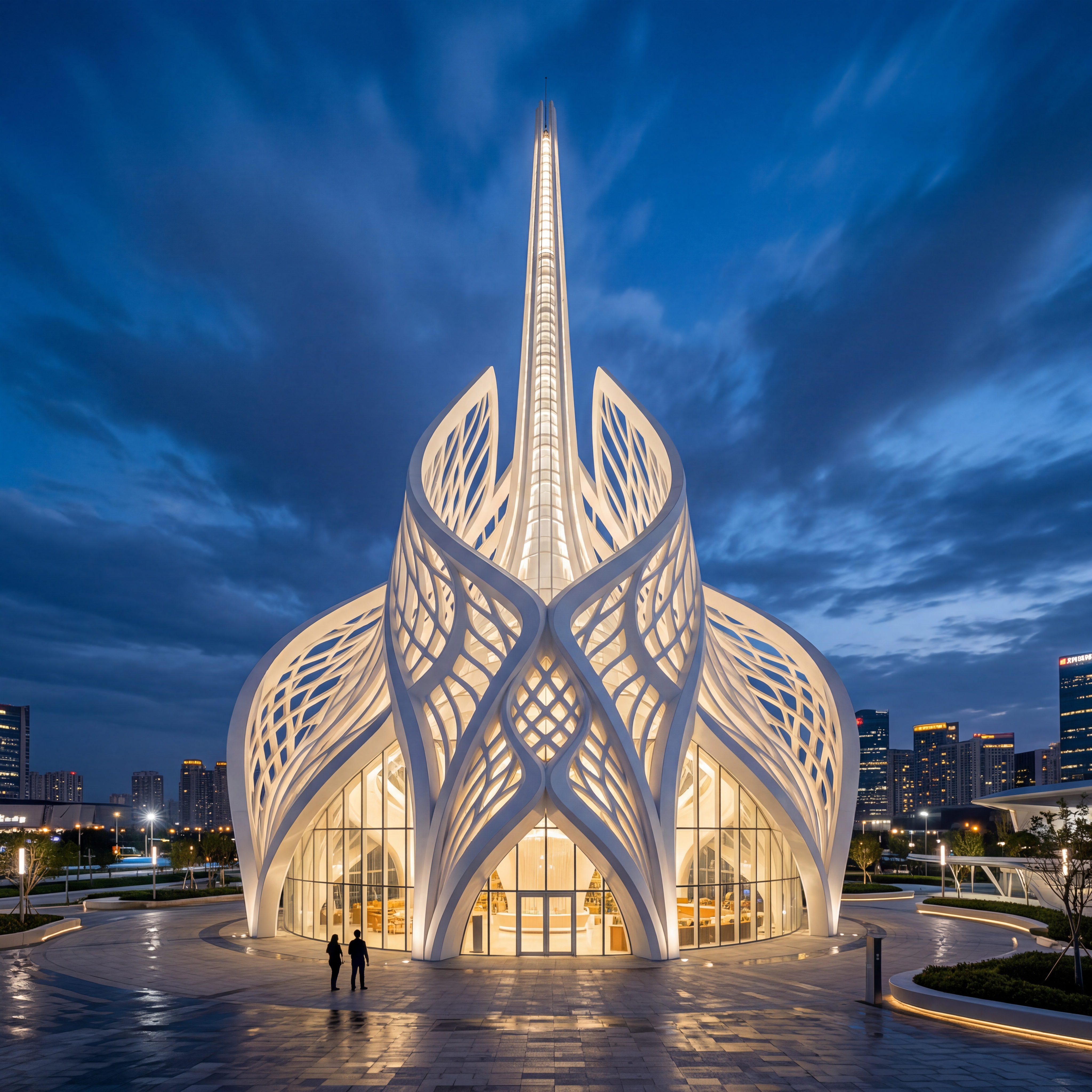 A futuristic white sculptural pavilion shaped like elegant curved petals rising around a tall central spire, set in an open plaza at blue hour. The structure features an intricate lattice facade with smooth flowing lines and organic symmetry, glowing softly with warm interior lighting through glass walls at the base. Two small human silhouettes stand near the entrance emphasizing scale. Rendered in a photorealistic style with ultra detailed textures and clean modern design, the scene is captured from a straight on low angle perspective to highlight height and grandeur. The deep blue evening sky with dramatic clouds contrasts against the luminous white architecture, soft ambient lighting, sharp focus, cinematic atmosphere, modern landmark architecture, high resolution.