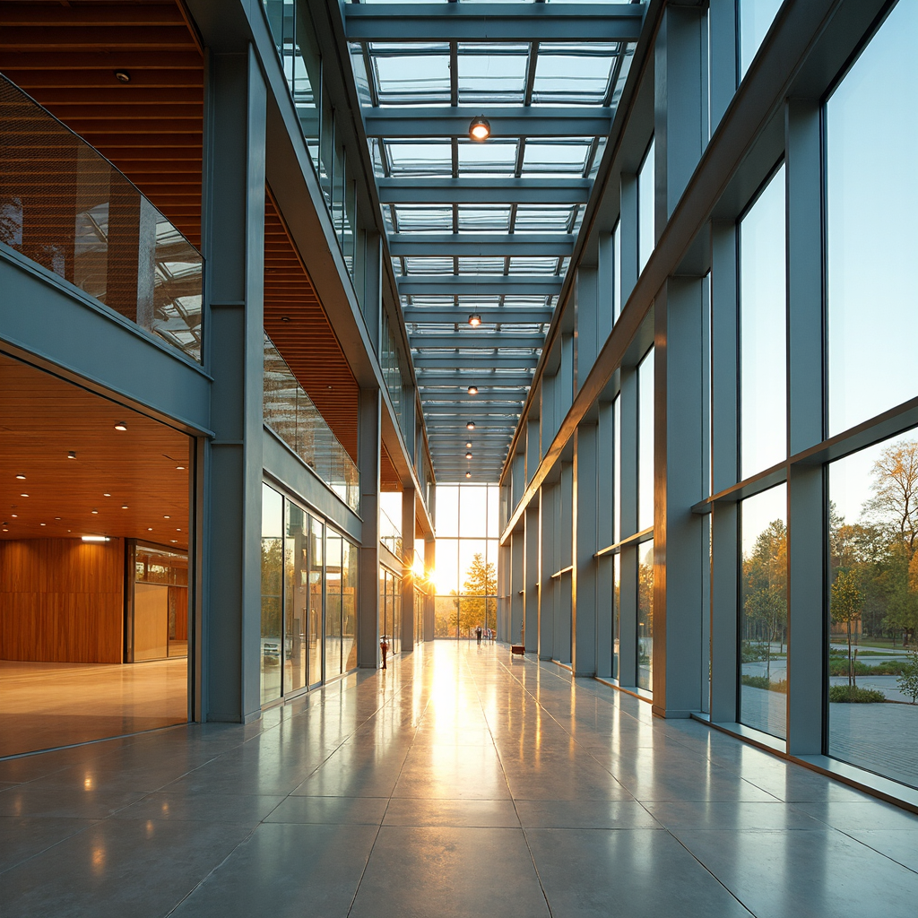 A contemporary museum wing with cantilevered steel frame and glass curtain walls, using a diagrid structural system for column-free exhibition space. Interior includes acoustic wood slat ceiling, polished concrete flooring with radiant heating, and operable gallery partitions on recessed tracks. Natural daylight is filtered through UV-coated skylights and automated louver systems. Shot at golden hour from a low-angle perspective to emphasize massing and glazing reflection.