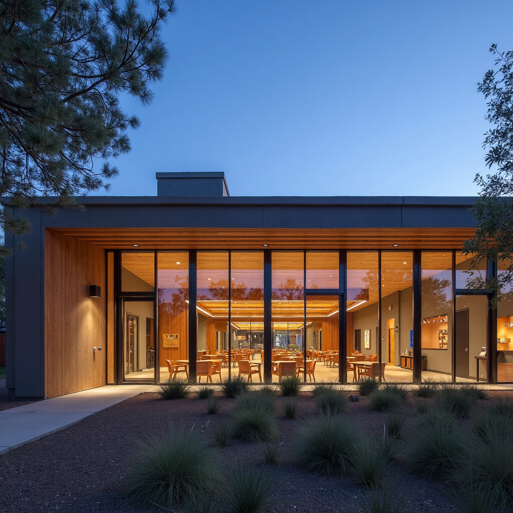 Low-rise civic library featuring sod-roof construction, load-bearing rammed earth walls, and deep overhangs for passive shading. The reading hall includes exposed timber beams, indirect daylighting via clerestory windows, and acoustically treated interior baffles. The children's wing features playful alcoves, rubber flooring, and daylight tubes. Shot at twilight with interior lighting spilling through facade glazing.