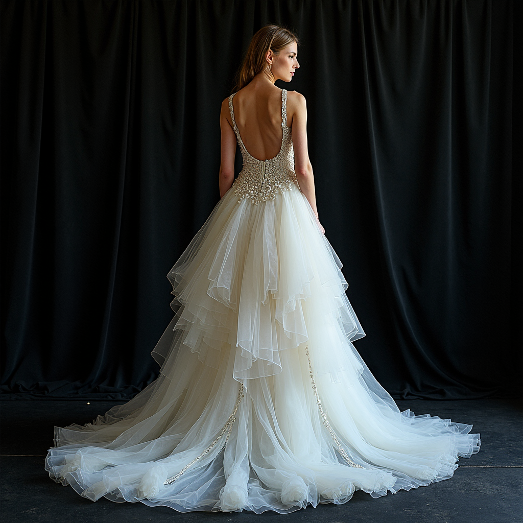 An asymmetrical deconstructed gown made from layered tulle, with exposed seams and raw-edged hemlines. Boning visible through translucent layers. Shot in a studio with black velvet backdrop using rim lighting to highlight transparency and volume.