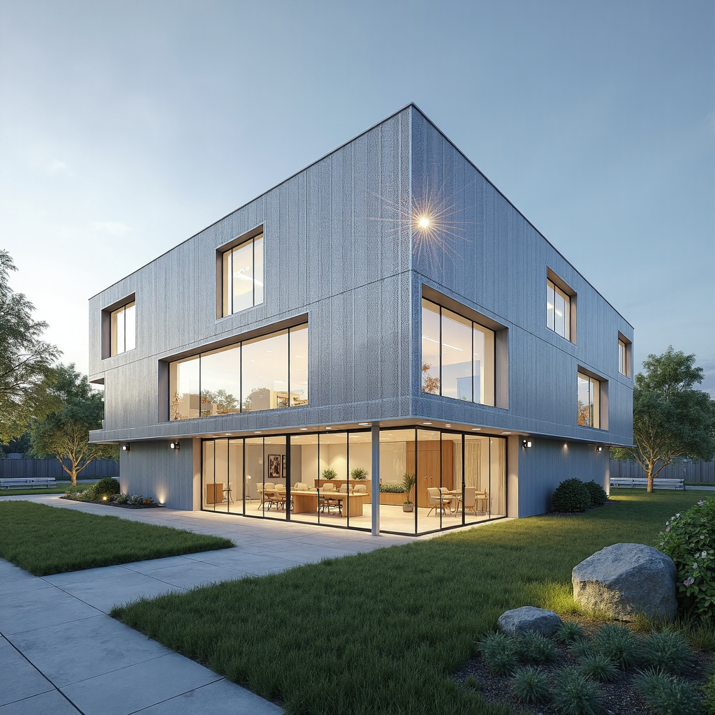 An R&D campus with a modular steel frame, perforated aluminum rainscreen cladding, and a central services core. Lab interiors include epoxy-coated flooring, anti-static wall panels, and negative-pressure HVAC zones. Office wings feature demountable partitions and glare-controlled skylights. Utilities are housed in accessible raised floors for easy reconfiguration.