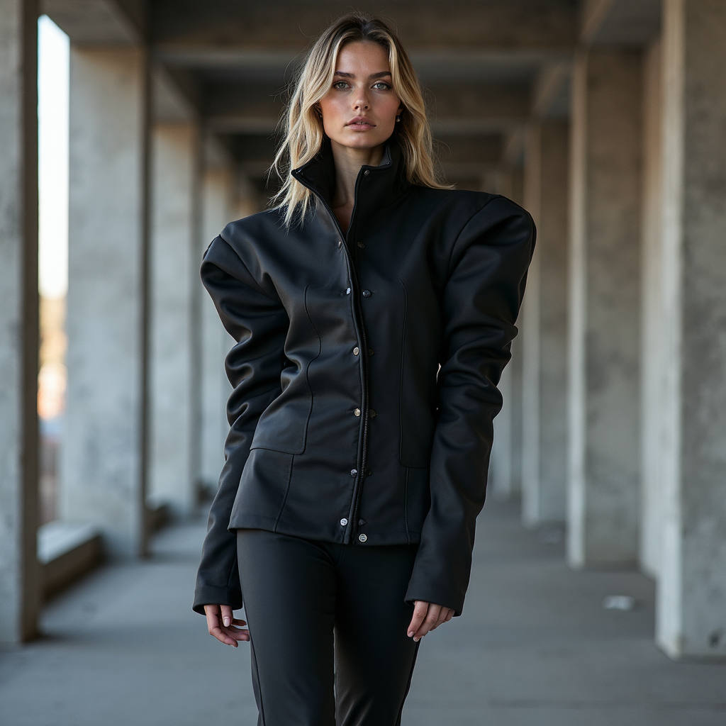 A model in a sculptural neoprene coat with exaggerated shoulders and spiral-seamed sleeves, standing in a concrete brutalist corridor. The garment uses bonded seams and a hidden snap closure. Shot at a low angle with directional side lighting, casting deep shadows for high-contrast drama.