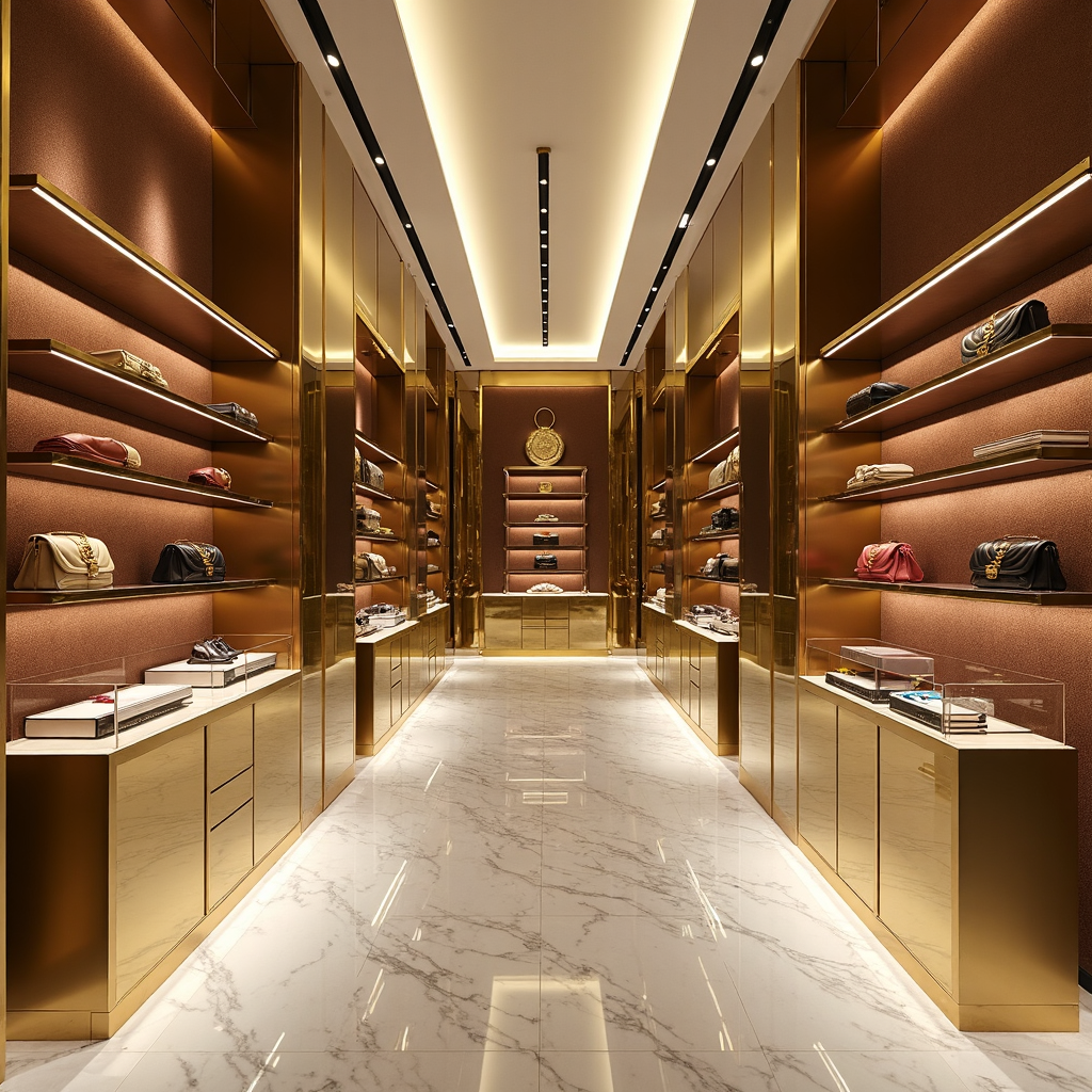 A double-height boutique interior with mirror-polished brass shelving, monolithic marble flooring, and inset linear track lighting. Custom display plinths in textured resin and velvet wall upholstery offer a tactile experience. Ceiling integrates ducted HVAC and acoustic spray-on insulation. Captured with tilt-shift lens from entry threshold under ambient warm lighting.