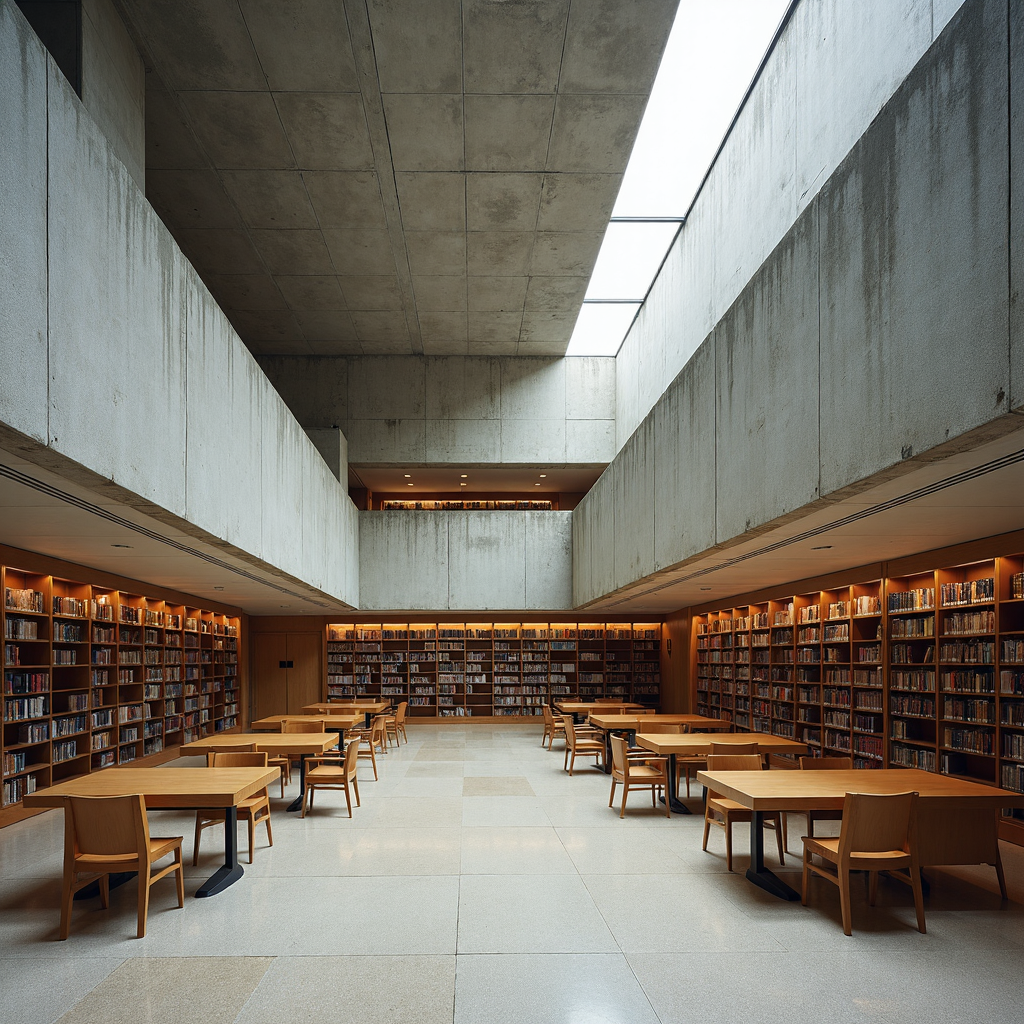 A brutalist archive with massive cantilevered concrete slabs, recessed fenestration, and exposed aggregate finishes. Interior stacks are housed within climate-controlled vaults; public reading rooms feature terrazzo flooring, linear light coves, and clerestory windows. Captured in overcast conditions to highlight the raw texture and mass.