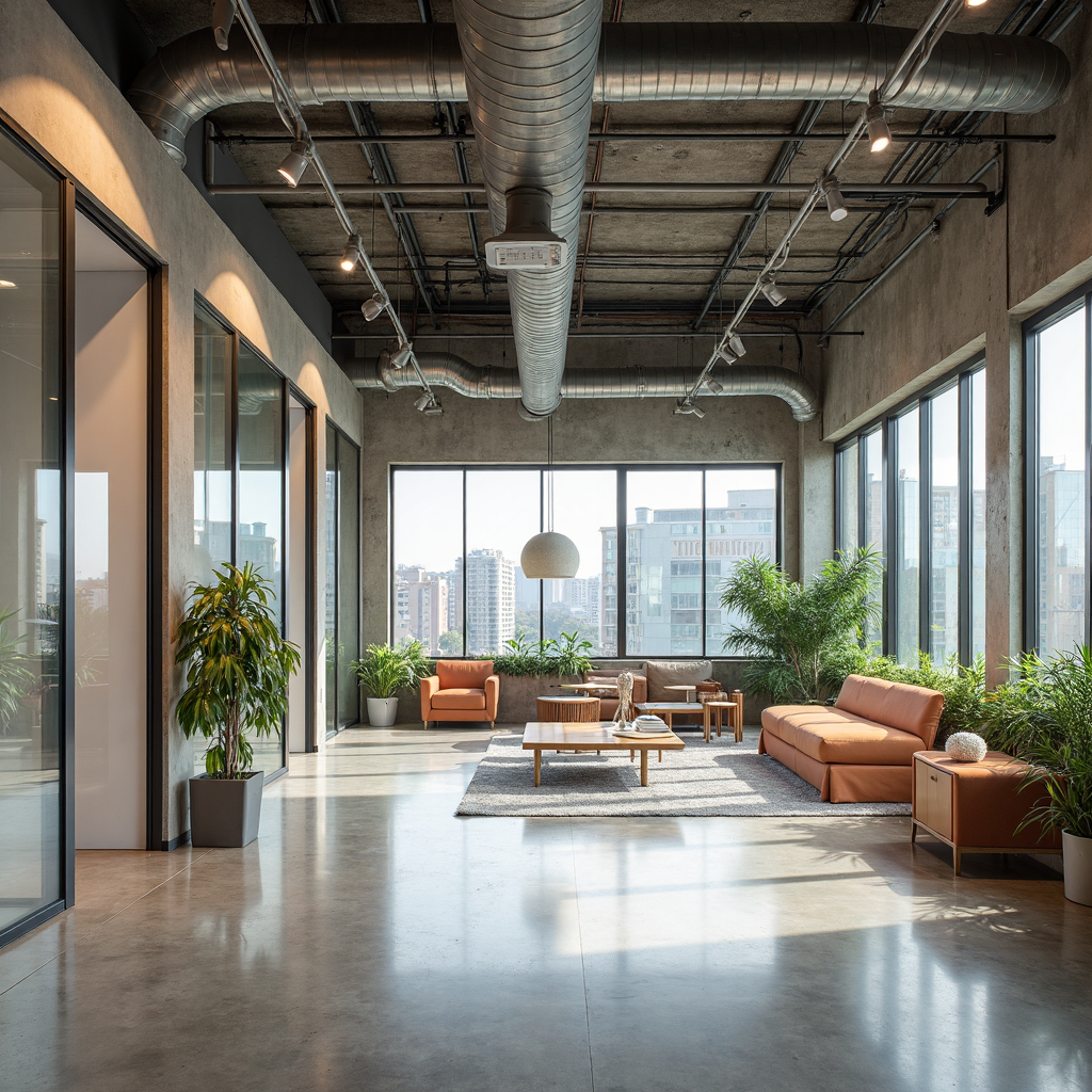 Innovation hub with a flexible open-plan layout, exposed MEP ceilings, and operable glass partitions for modular studios. Lighting integrates suspended track-mounted LED systems with adjustable heads. Interior finishes include polished concrete, acoustic felt panels, and writable glass wall surfaces. Shared areas include biophilic elements and informal seating pods.