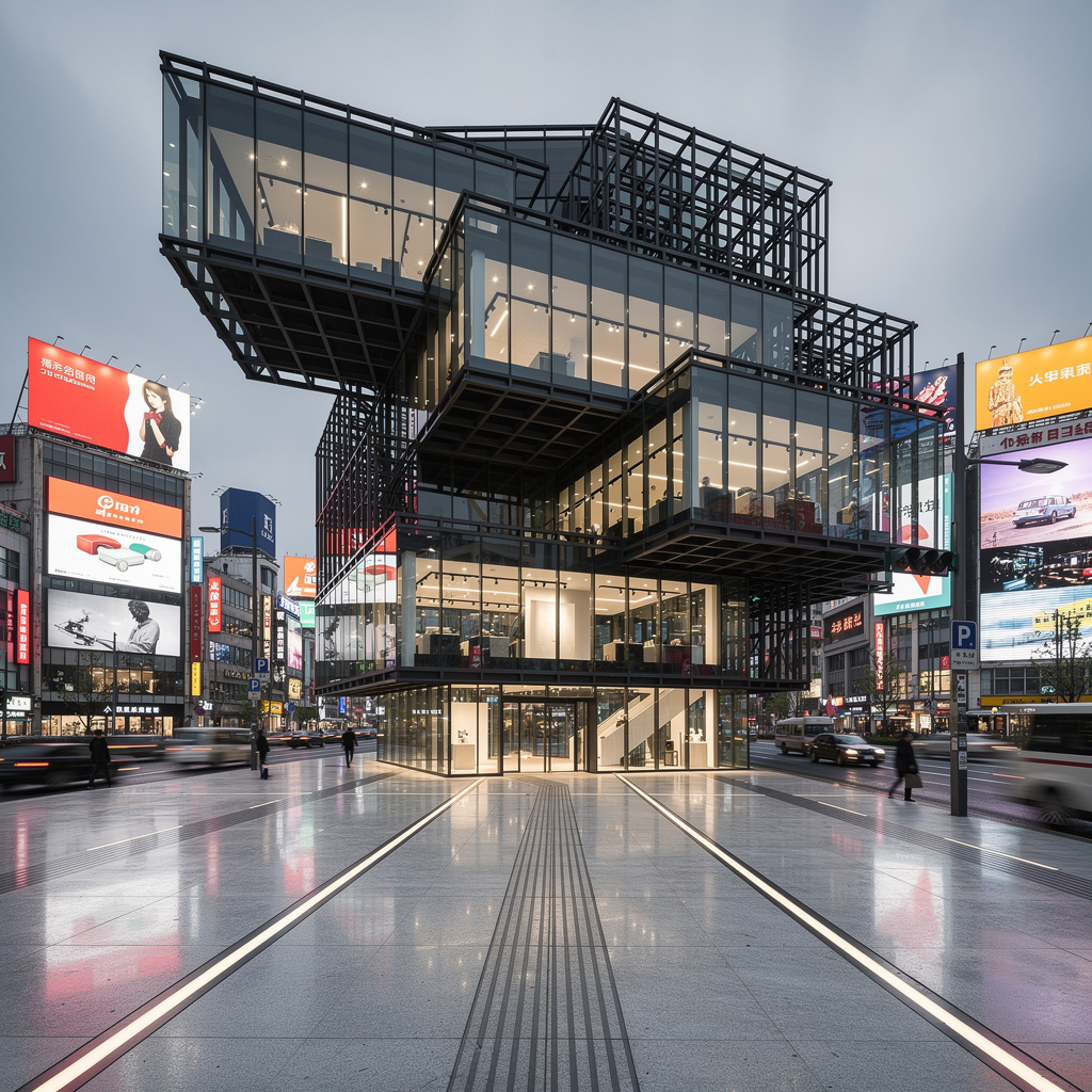 Architectural exterior view of a flagship retail building designed in the style of Rem Koolhaas.
Façade: stacked asymmetrical glass boxes with exposed steel grids.
Foreground: polished concrete promenade with directional lighting.
Background: commercial center with bright signage and motion blur.
Style: editorial architectural rendering with sharp urban contrast.
Camera: slightly low street-level angle highlighting structural boldness.