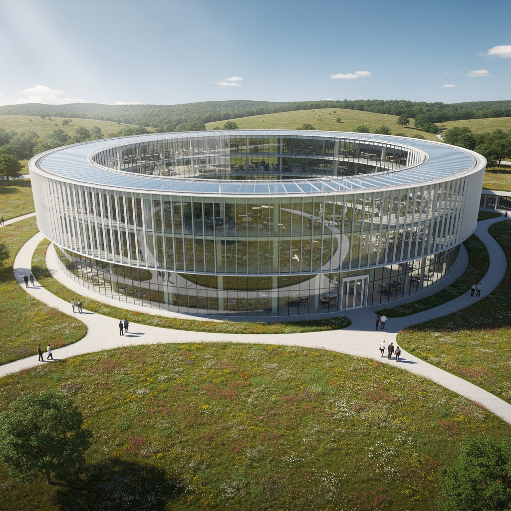 Architectural exterior view of a next-generation tech campus inspired by Norman Foster.
Façade: continuous curved glass curtain walls forming a seamless ring-like structure.
Foreground: natural meadow landscape with looping walking paths.
Background: low rolling hills under clear midday sun.
Style: high-fidelity corporate realism with pristine reflections.
Camera: elevated oblique aerial capturing the sweeping circular form.