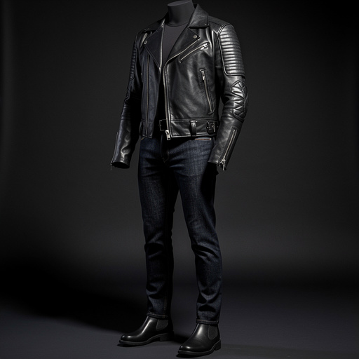 A structured leather moto jacket with gusseted sleeves, reinforced elbow panels, and matte nickel zippers; styled with waxed denim and engineered-knit boots. Captured in hard-edged directional lighting, low profile, emphasizing patina and texture.