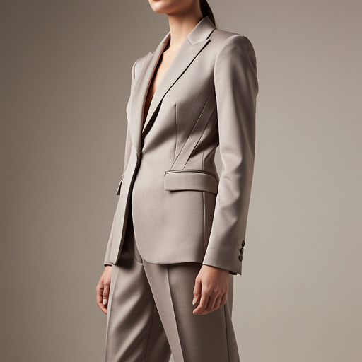 A ready-to-wear look built around a structured wool twill blazer with canvas interfacing, sculpted darts, and tailored welt pockets; paired with high-rise crepe trousers. Shot in studio softbox, 45-degree editorial angle, highlighting tailoring discipline and fabric grain.