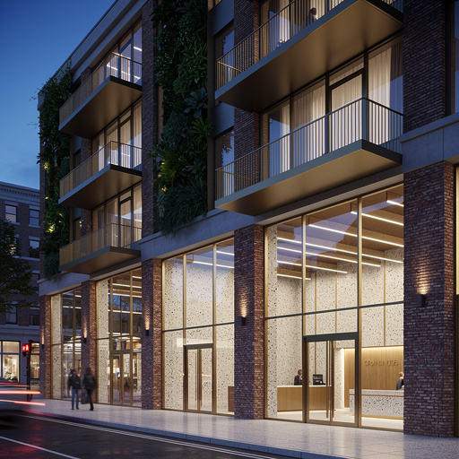 A mixed-use urban block with masonry piers, high-performance glazing units, vegetated façade panels, and cantilevered balconies. Interior lobby includes terrazzo aggregate flooring, suspended baffles, and brass trim detailing. Shot in dusk blue-hour, streetlevel lens, showcasing warm interior glow.