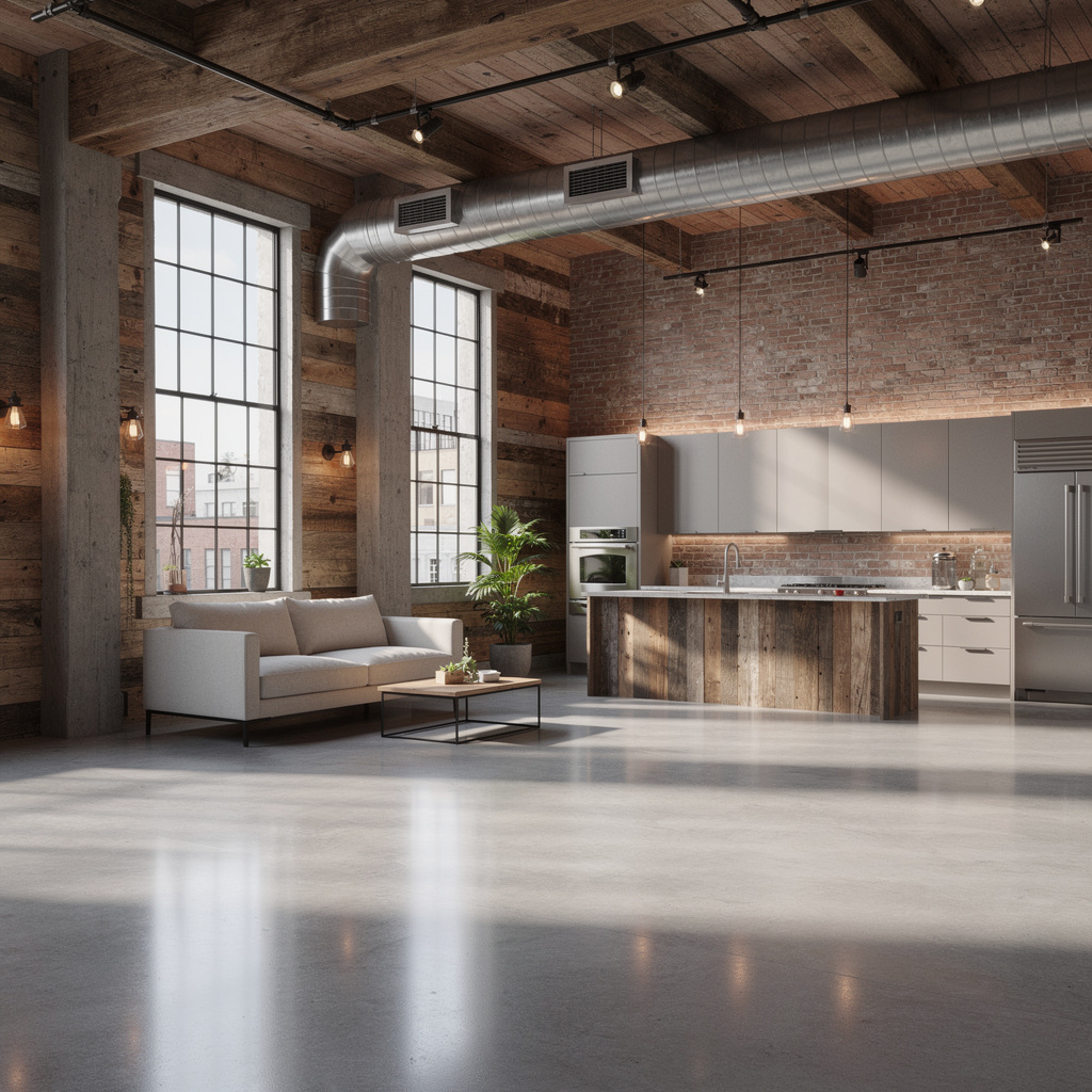 Open-concept loft with polished concrete flooring, reclaimed wood accents, and exposed HVAC ducts under ambient industrial lighting.
