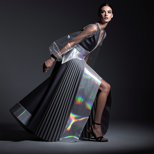 An avant-garde structured gown with pleated neoprene panels, transparent organza sleeves, thermo-welded seams, and iridescent microfilm accents. Shot in reflective high-gloss lighting, ¾ dynamic turn, emphasizing futuristic texture layering.