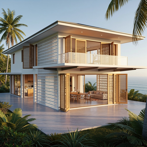 Coastal villa with cross-ventilated open floor plan, louvered shutters, and passive cooling using overhangs and breeze blocks.