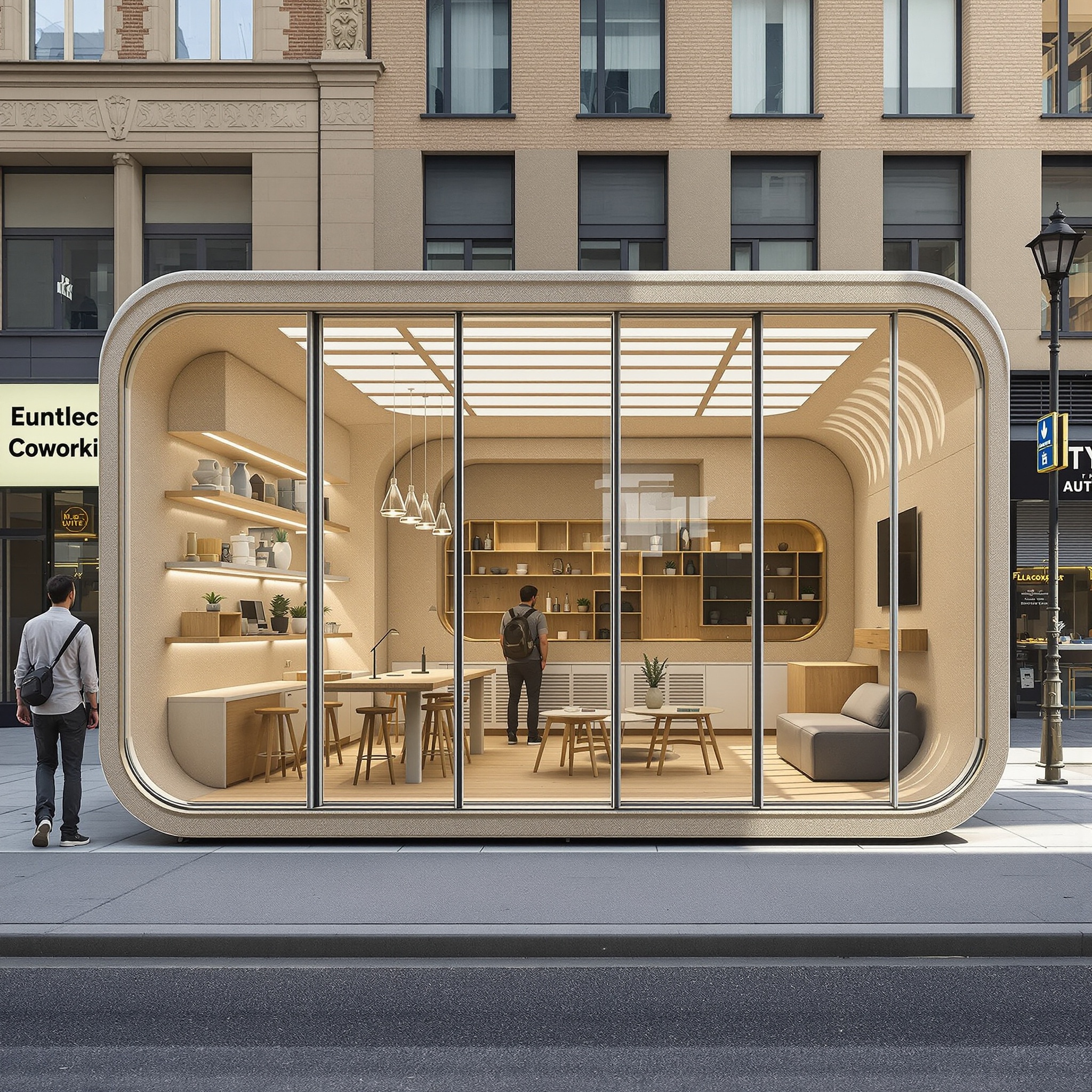 A micro-urban coworking pod fabricated from hempcrete panels, translucent aerogel glazing, and a photovoltaic canopy. Interiors include recycled-rubber flooring, modular plug-and-play partitions, and balanced daylight via prismatic diffusers. Shot in midday city ambient, street-level side angle.