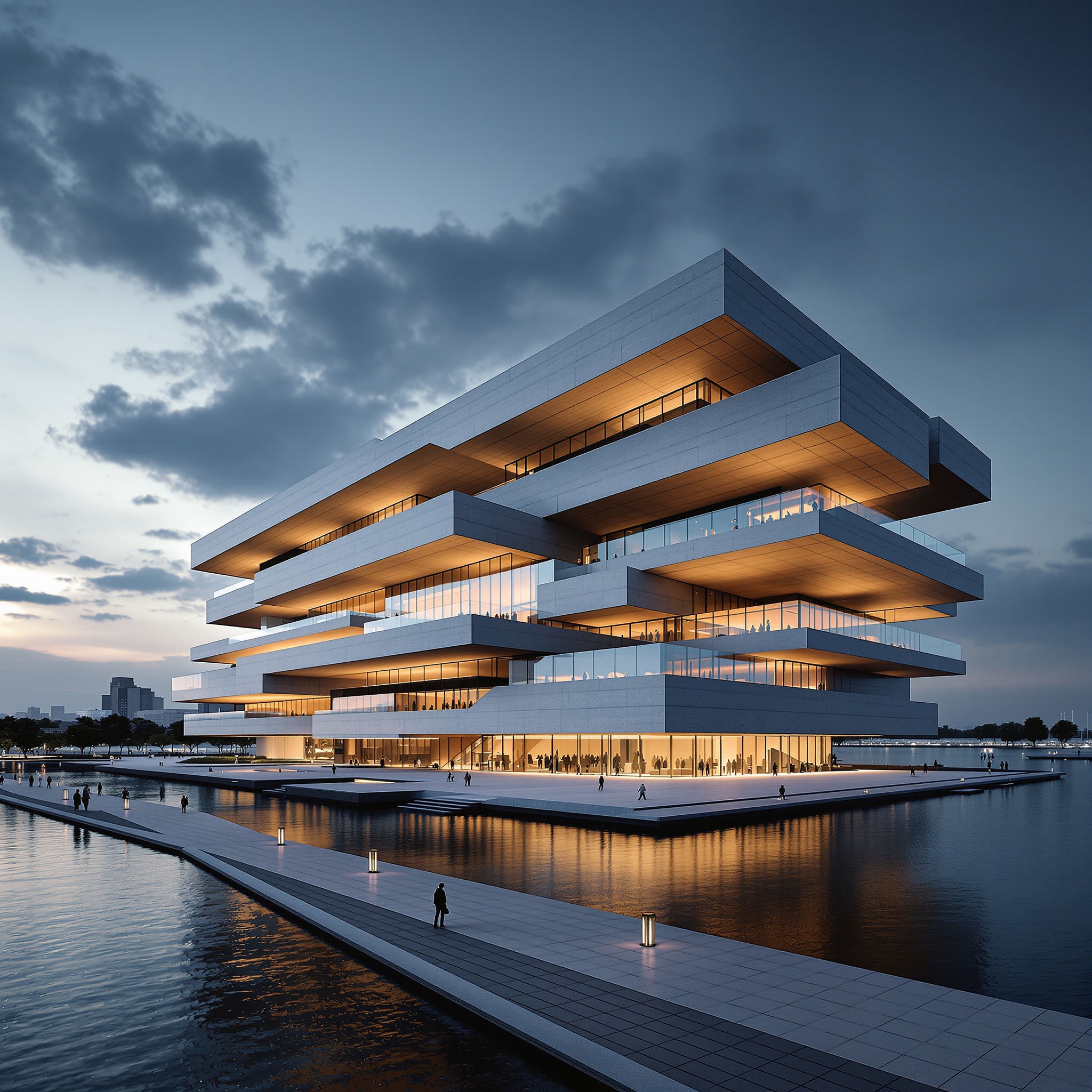 A monumental cultural center composed of layered concrete terraces and expansive glass walls, unfolding along a waterfront promenade and designed in a contemporary architectural visualization style with dramatic light and shadow interplay. The structure is set at dusk, with warm interior illumination contrasting against cool exterior tones and reflections rippling across the water. The surrounding context includes a wide public plaza, minimalist landscaping, and small human figures for scale, while secondary details such as textured concrete surfaces, cantilevered volumes, and atmospheric sky gradients reinforce a bold, cinematic architectural presence.