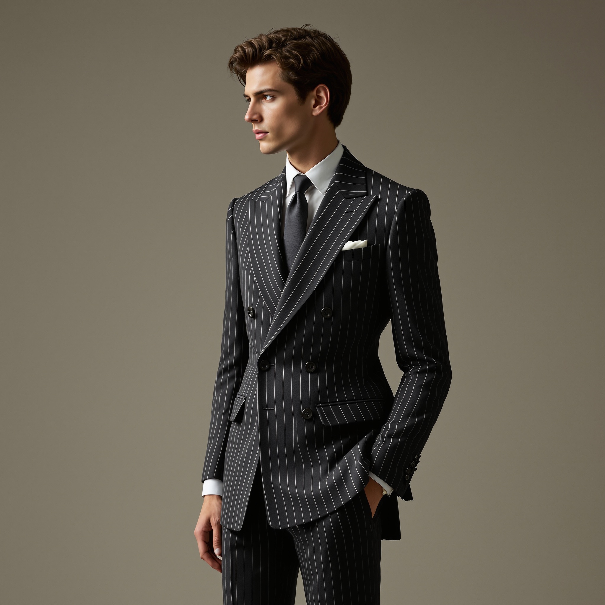 A neo-formal menswear set with chalk-striped alpaca-wool, high-gorge lapels, bisected vent geometry, and basted-edge finishing. Shot in soft Rembrandt lighting, waist-up turned profile.