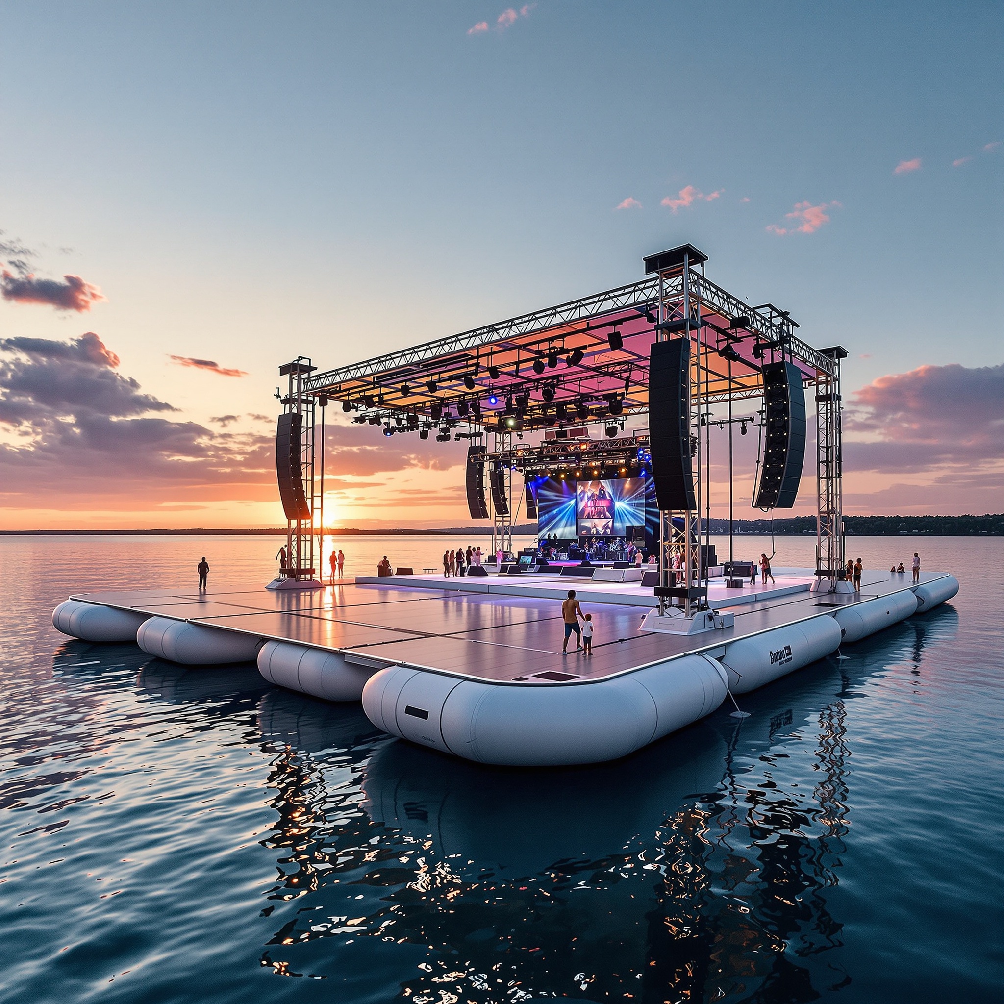 A floating performance stage built atop modular pontoons, acoustic wind baffles, and retractable lighting masts. Interiors (backstage) use anti-slip coatings, adjustable rigging, and underwater ballast control. Captured in sunset ripple reflections, distant panoramic viewpoint.