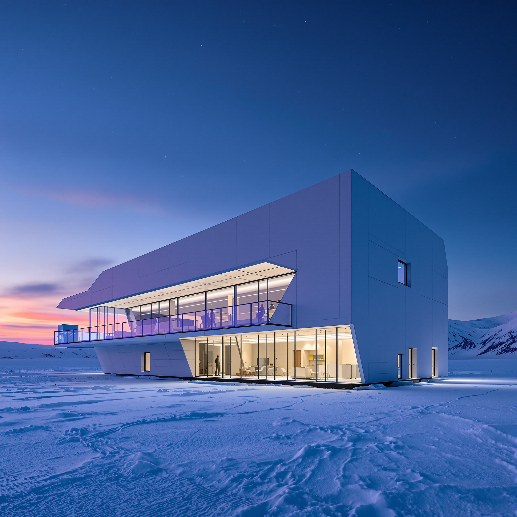 A high-latitude research terminal constructed with vacuum-insulated façade panels, snow-drift deflectors, and heliotropic skylight louvers that rotate to capture low-angle winter sun. Interiors feature anti-static epoxy floors, radiant wall panels, and dimmable circadian luminaires. Shot in polar twilight, ¾ elevated angle, highlighting thermal engineering.