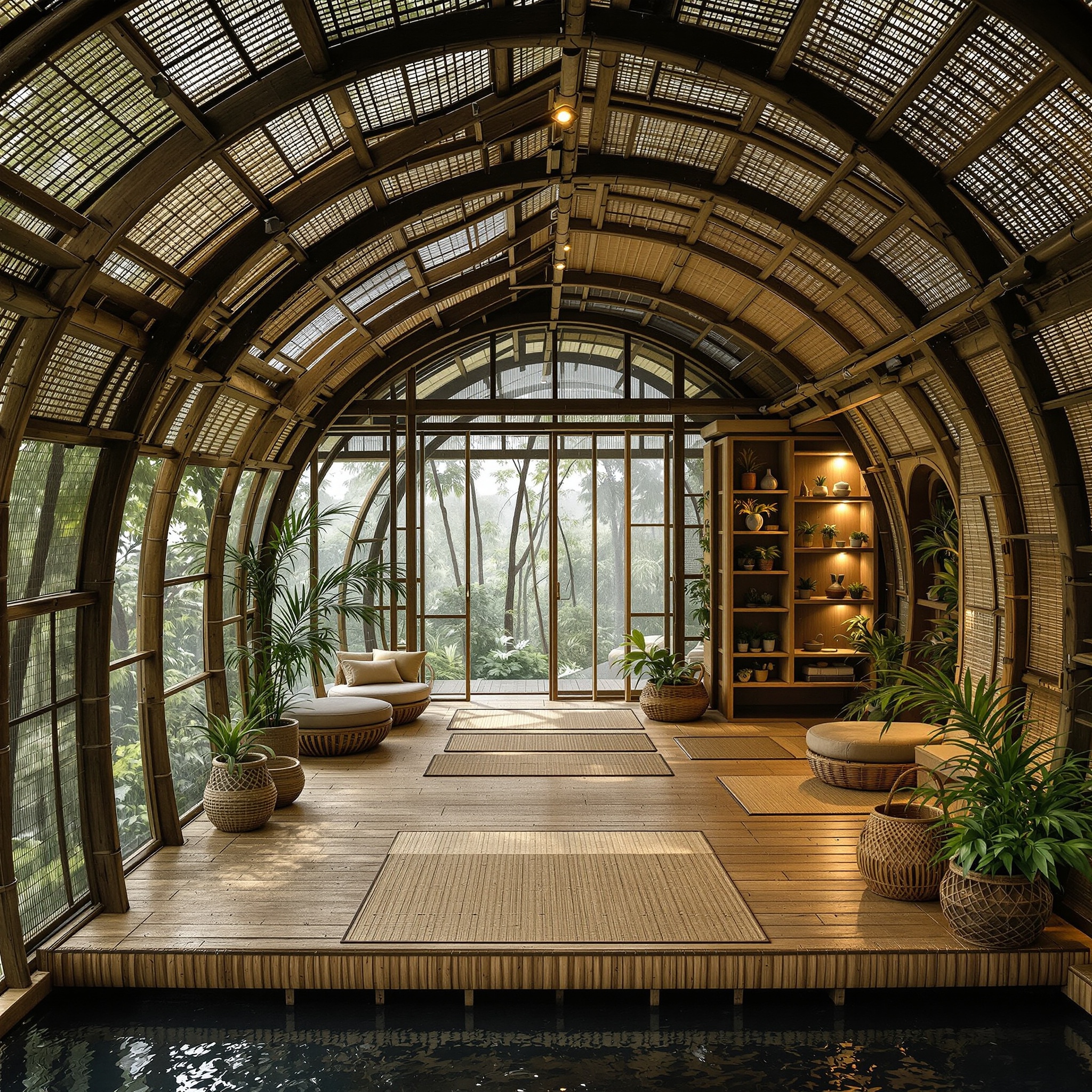A rainforest observatory floating on braided bamboo pontoons, with humidity-permeable wall screens, biogenic resin trusses, and water-harvest gutters. Interiors include woven rush mats, soft uplight baskets, and botanical shelving niches. Captured in misty canopy light, slightly elevated drone angle.