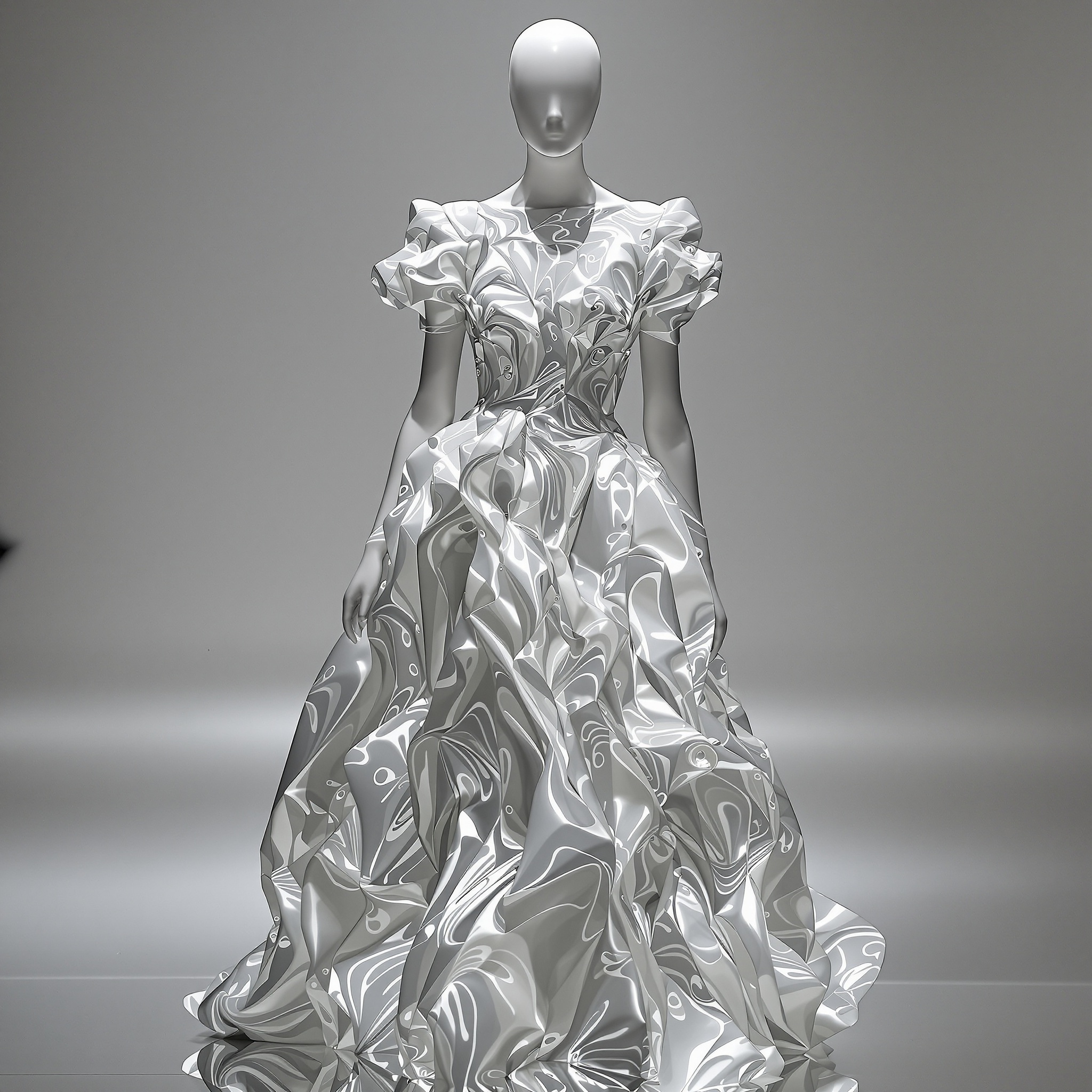 An experimental couture dress crafted from laminated silk films, thermo-molded into wave fractals, supported by fine titanium ribs hidden beneath the bodice. Photographed in mirror-splash lighting, fast-turn runway angle, emphasizing dynamic reflectivity.
