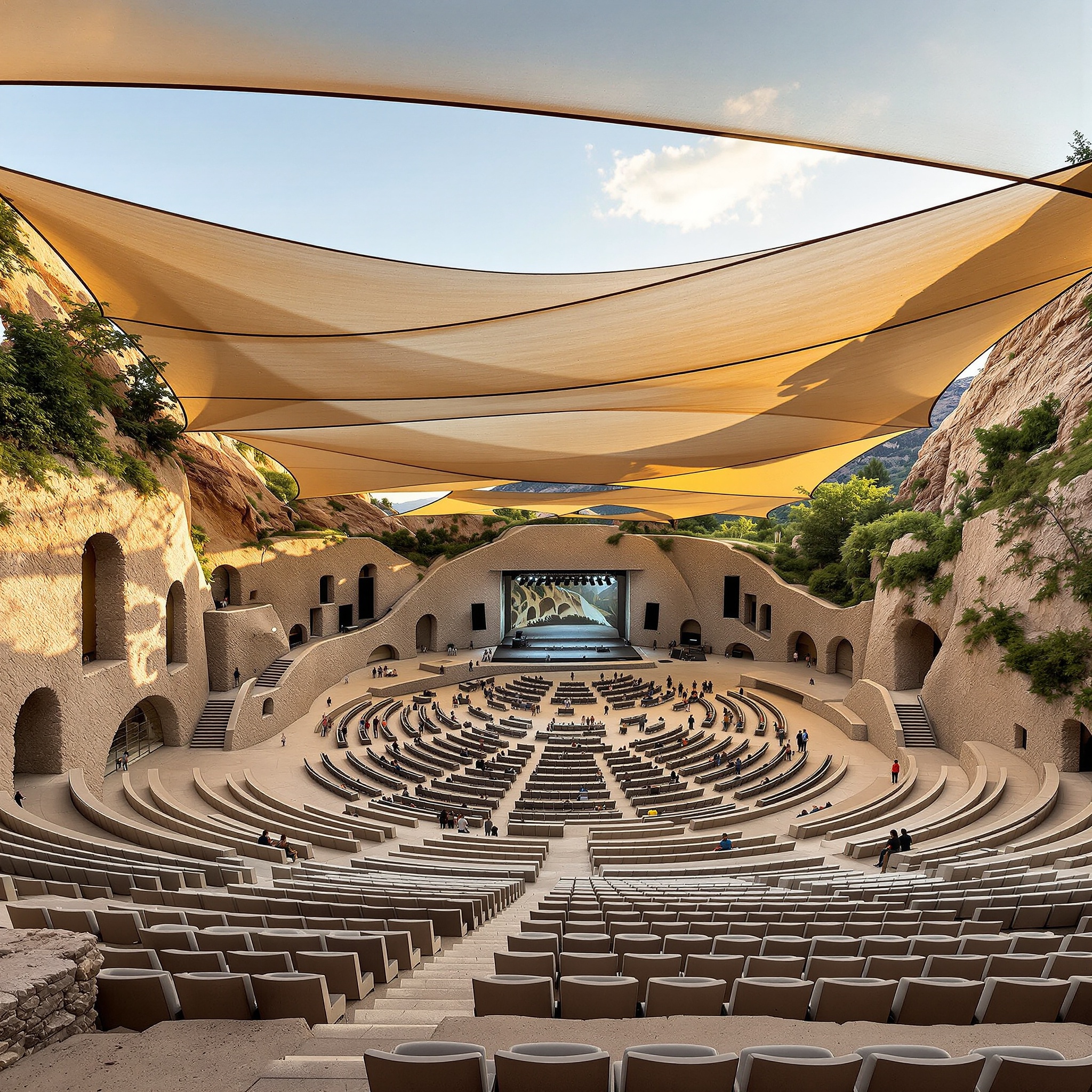 A valley amphitheater shaped with river-stone gabion walls, recessed audio trenches, and a tensile shade membrane responsive to wind load. Interiors (backstage) include plywood fly towers, dimmable lamp grids, and resin-coated prep floors. Shot in sunrise cross-light, ascending seating perspective.