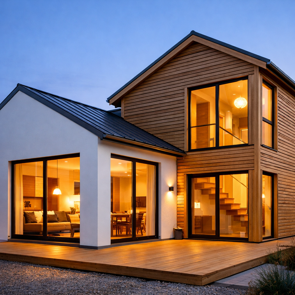 A minimalist Scandinavian-style house with white walls and slatted wood siding. Warm light spills through large windows. The textures of the wood and fine architectural lines are captured in sharp focus.