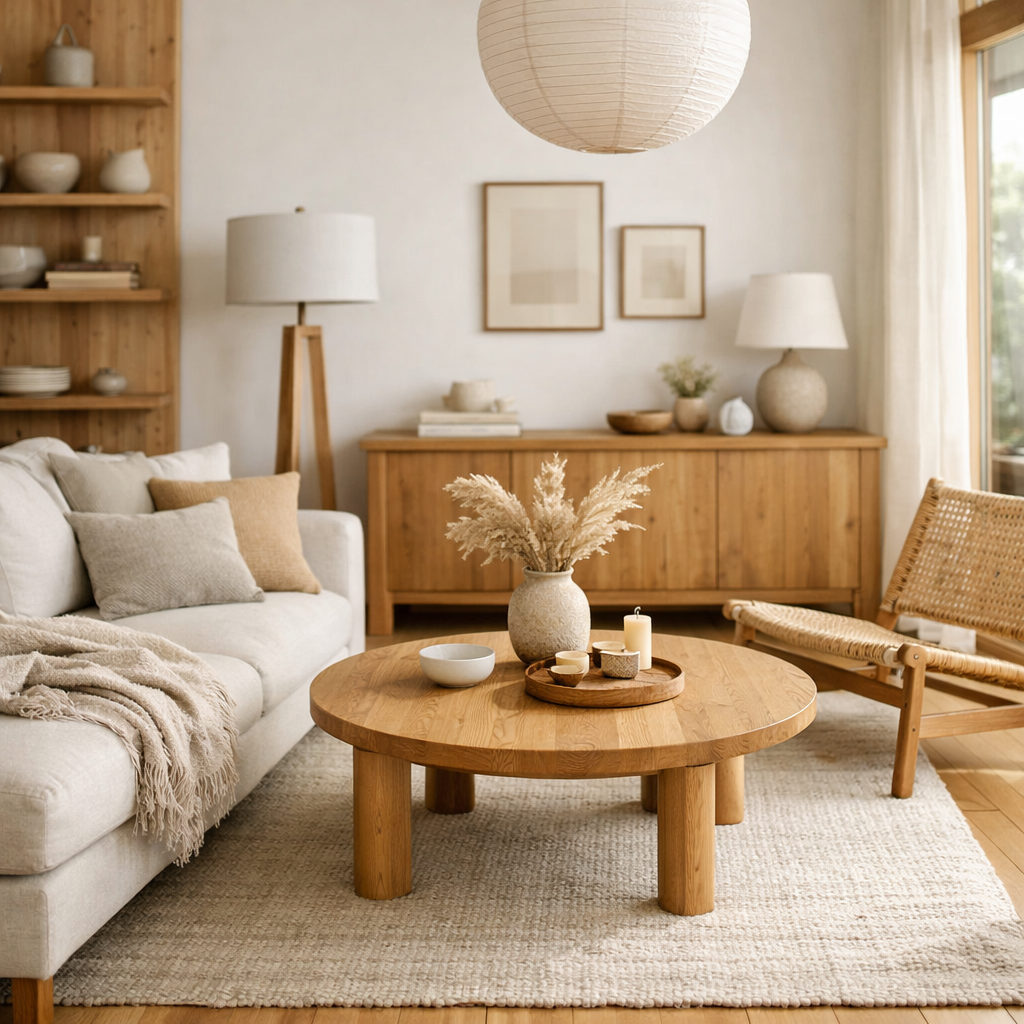 A Scandinavian living room with natural wood, white walls, and linen textures. Photorealistic style in 8k, background slightly blurred. Warm tones and no watermark, fine wood grain visible.