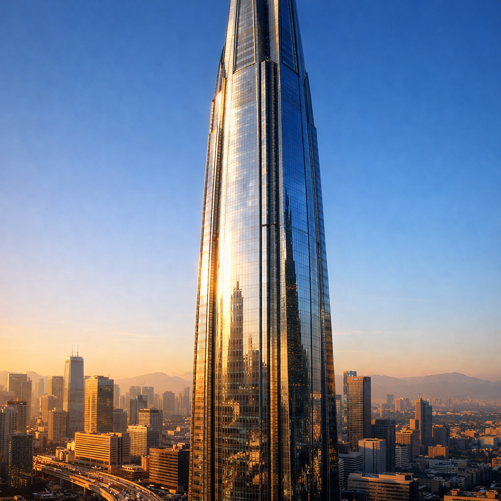 A futuristic skyscraper towering into a clear blue sky, its sleek mirrored glass reflecting the bustling city below. Photorealistic style with sharp focus and vibrant colors, fine detail etched into the metal façade. Rich textures show grime and shine from years of use. Warm tones from the golden hour light cast long shadows, creating depth and contrast.