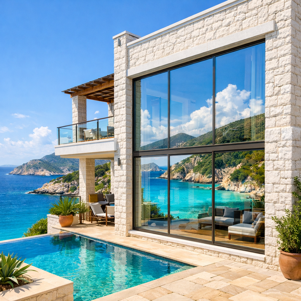 A luxurious coastal villa built with white stone and large glass windows overlooking turquoise waters. The vibrant colors of the landscape reflect in the windows. The scene is detailed with fine architecture lines and rich textures in the stucco walls.