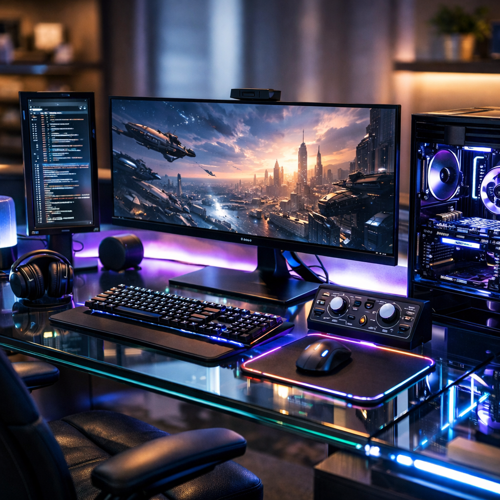 A high-tech home office with glass desk and LED lighting. No watermark, photorealistic 8k clarity. Background slightly blurred to emphasize textures in electronics and surfaces.