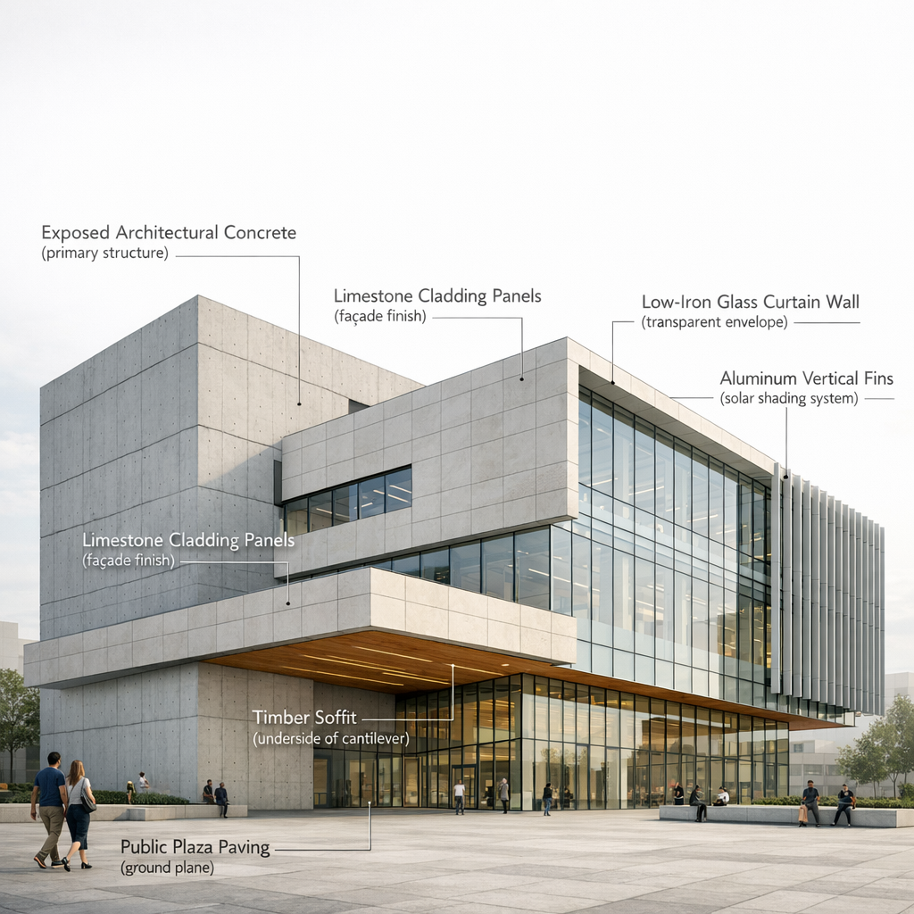 Create a high-resolution architectural visualization of a contemporary civic building shown in three-quarter perspective. The building features exposed architectural concrete structural walls, limestone cladding panels, low-iron glass curtain walls, anodized aluminum sun-shading fins, and timber soffits beneath cantilevered volumes.

Render the image as a professional architectural presentation diagram with clear, unobtrusive on-image labels identifying major elements. Use thin leader lines and minimalist typography (architectural annotation style) to label the following directly on the image:
– Exposed Architectural Concrete (primary structure)
– Limestone Cladding Panels (façade finish)
– Low-Iron Glass Curtain Wall (transparent envelope)
– Aluminum Vertical Fins (solar shading system)
– Timber Soffit (underside of cantilever)
– Public Plaza Paving (ground plane)

Labels should appear in a neutral sans-serif font, aligned cleanly, with fine line callouts pointing precisely to each material. Avoid clutter; maintain professional architectural diagram clarity.

Lighting is soft daylight with neutral color balance to ensure material accuracy. Background context is minimal and desaturated so labels and materials remain legible. Overall style is clean, technical, and suitable for an architectural presentation board or design review.