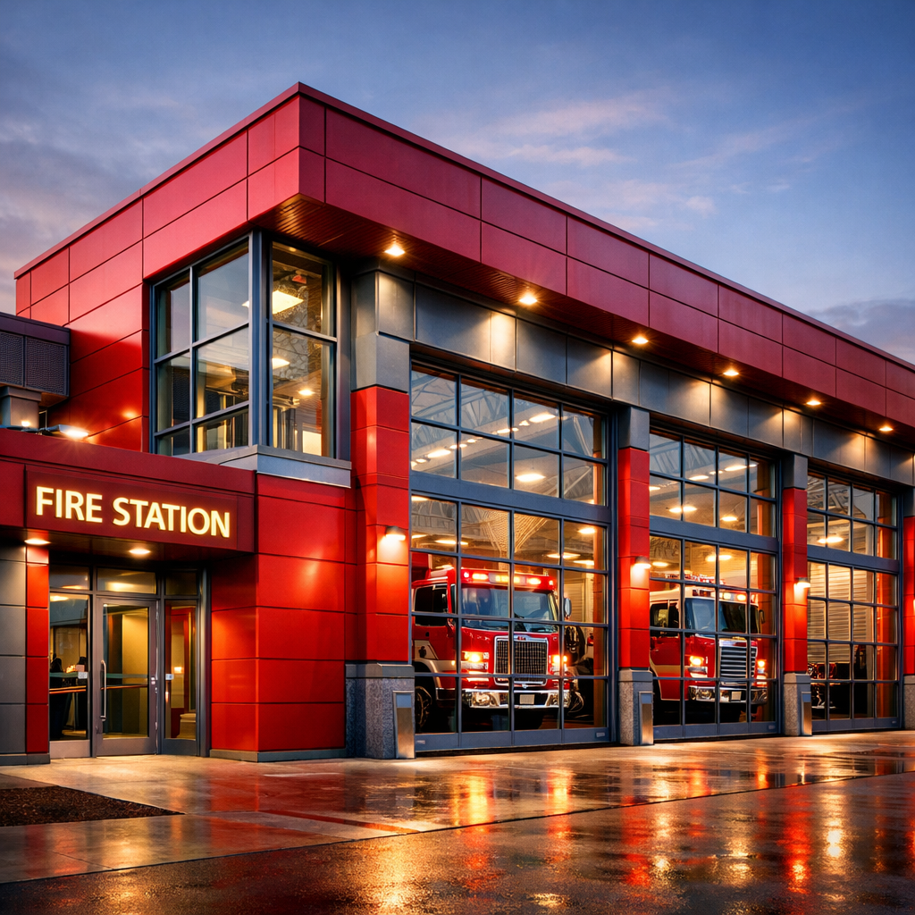 A fire station designed with bold red metallic panels and industrial glass. Rich textures in steel and fine lines in the design. Shot with vibrant lighting and sharp focus to enhance realism.