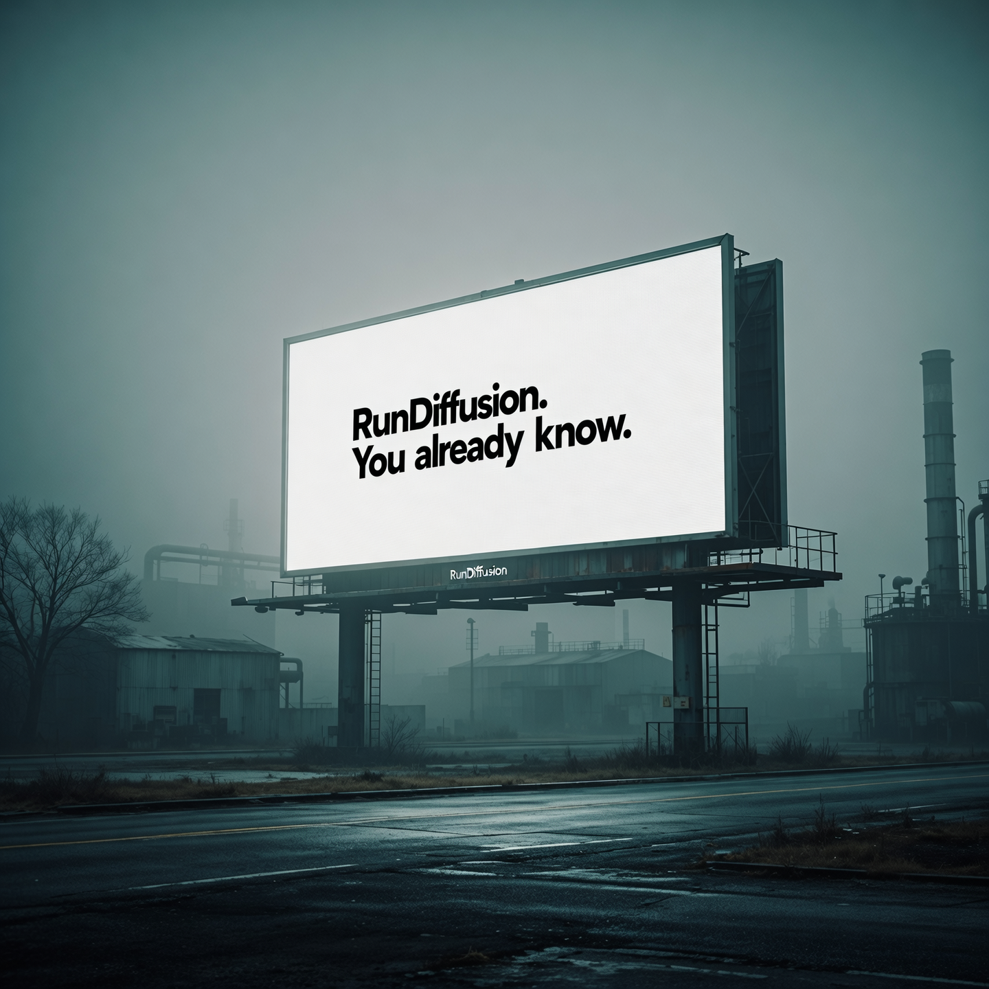 A stark billboard in a foggy industrial area reads only: “RunDiffusion. You already know.” Captured with atmospheric haze and moody color grade reminiscent of dystopian outdoor campaigns.