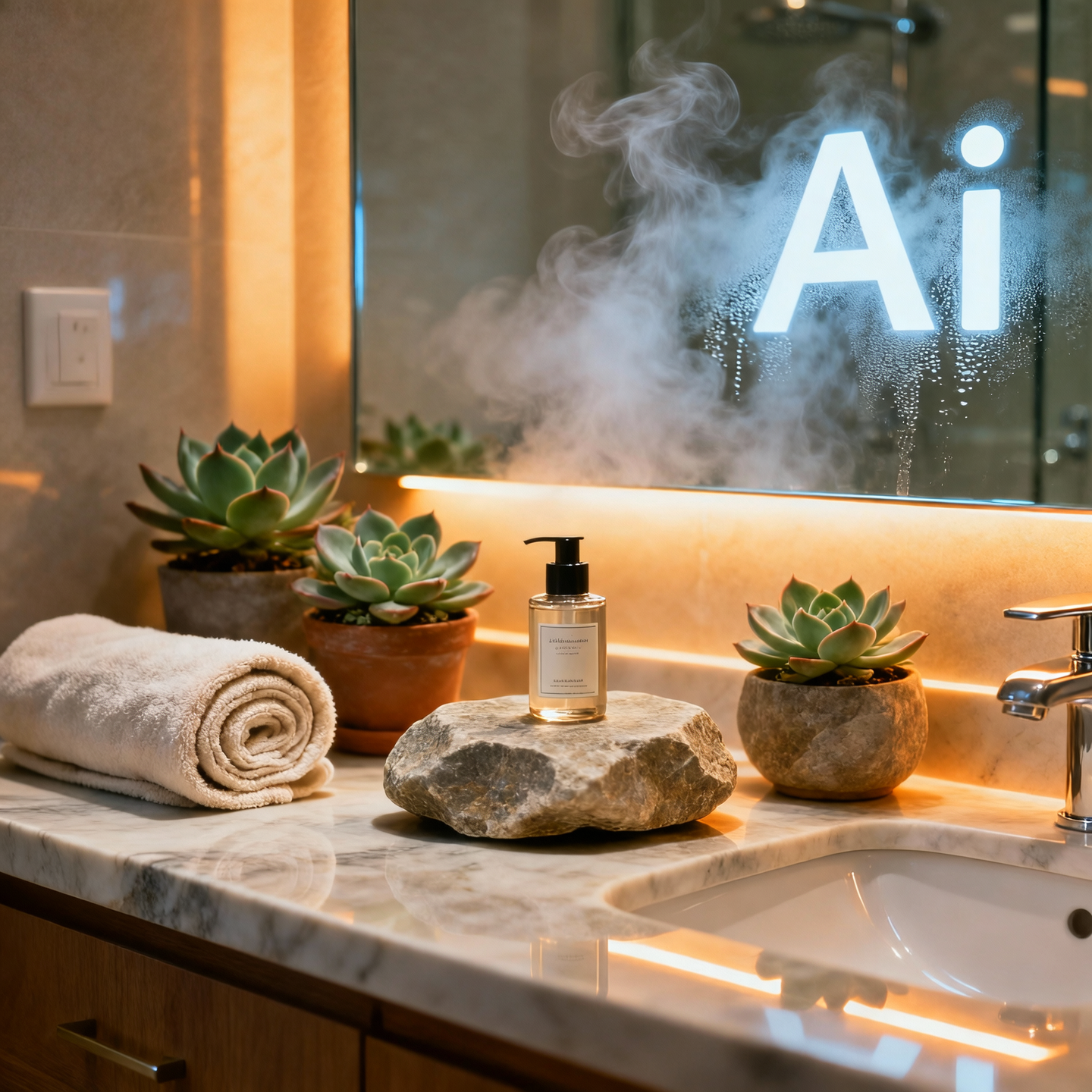 A product sits on a bathroom vanity surrounded by natural stone, potted succulents, and rolled towels. Steam fogs the mirror in the background where “Ai” is faintly visible. Shot with warm under-cabinet light and top fill.