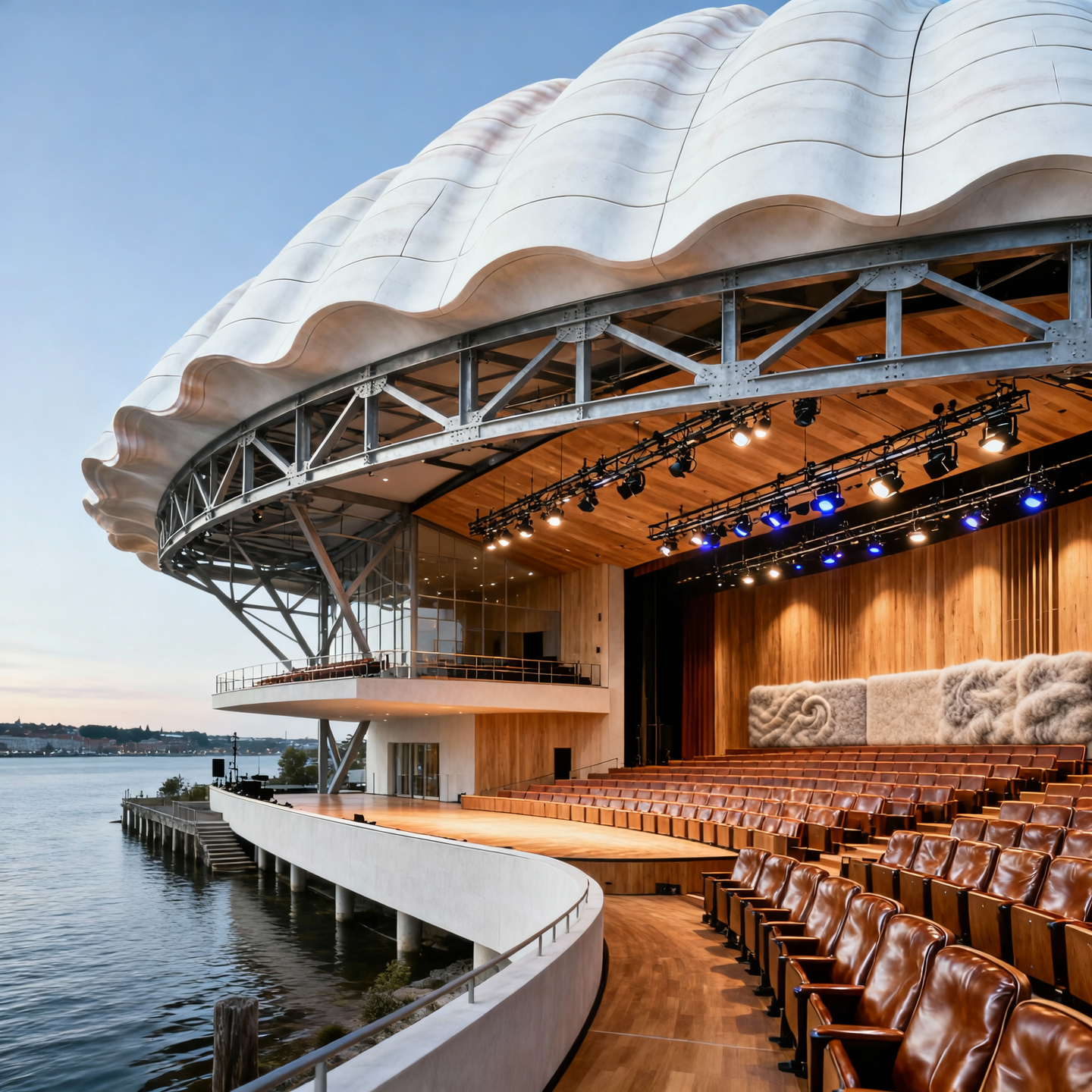 A waterfront opera house featuring a shell-inspired roof structure clad in white precast panels. The building employs a structural steel exoskeleton with truss-supported cantilevers. Interiors feature sound-reflective timber panels, wool acoustic wall treatments, and stepped raked seating in Italian leather. Auditorium lighting uses programmable DMX-controlled fixtures hidden in catwalks.