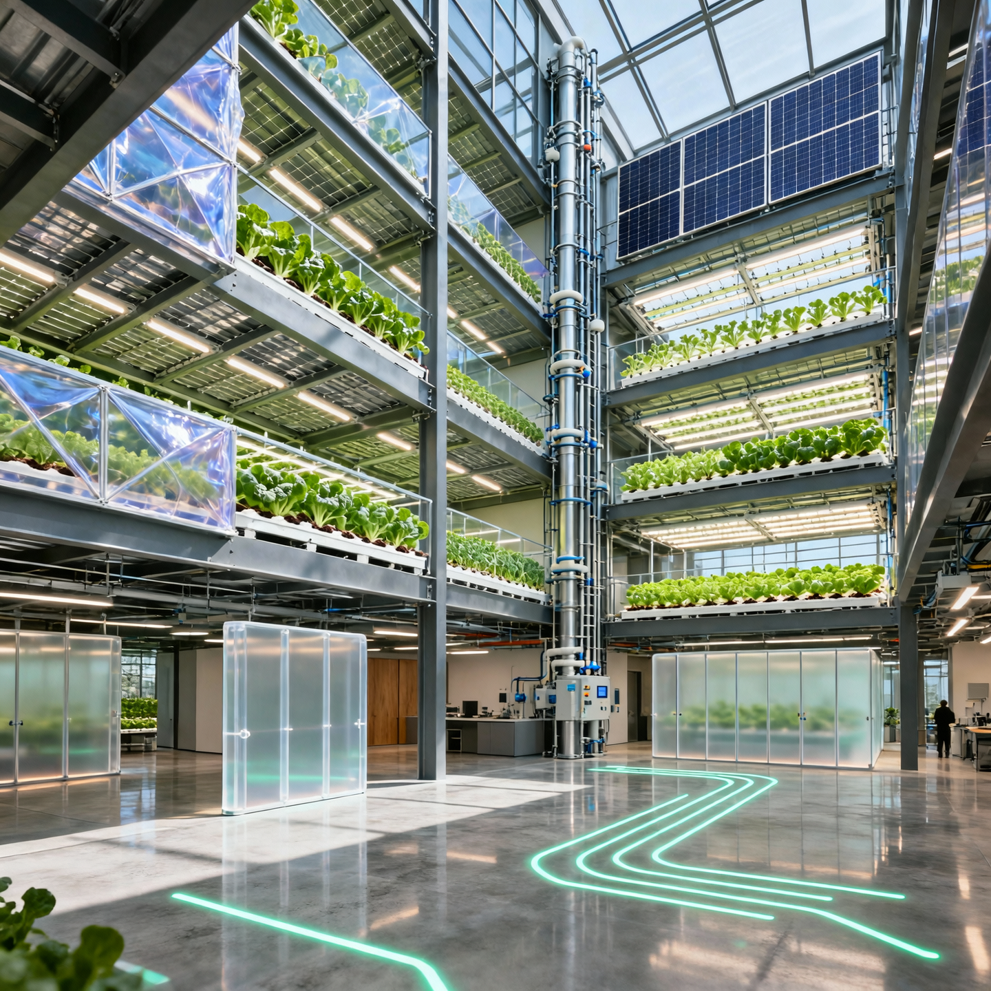 A mixed-use vertical farming tower with hydroponic grow floors, photovoltaic glazing, and ETFE membrane façades. Structural system uses composite steel decking and modular MEP risers. Public access floors feature polished concrete with embedded LED floor guides, and interior partitions use translucent polycarbonate panels for natural light diffusion.