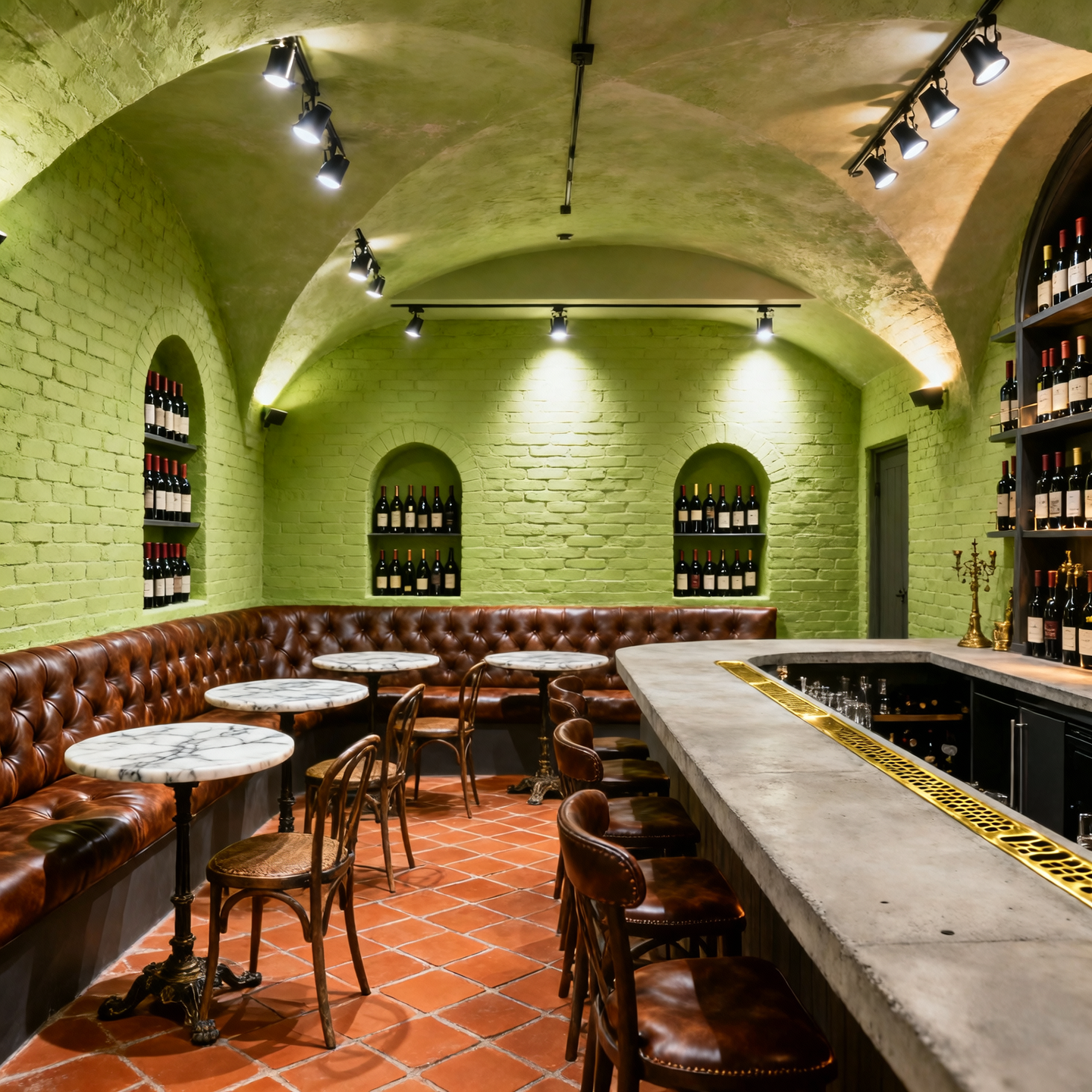 A vaulted basement wine bar with limewashed brick walls, antique terracotta tile flooring, and arched niches for bottle display. Lighting uses adjustable pin spots and indirect uplighting. Seating is a mix of marble-topped bistro tables and custom banquettes in tufted leather. The bar counter features a poured concrete top with integral brass drain.